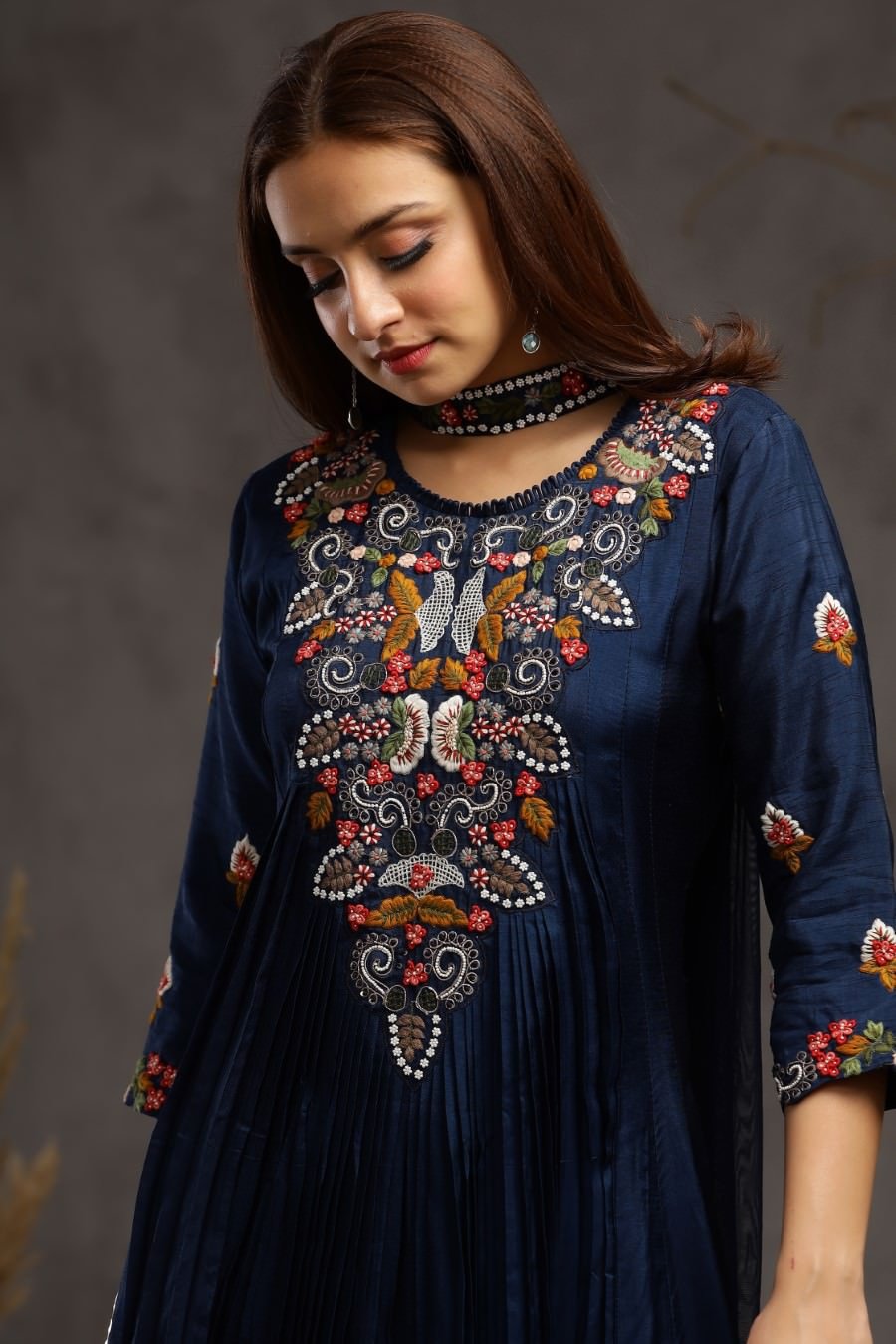 Navy Blue Muslin Silk Kali And Pleating Gown Dress And Dupatta Set
