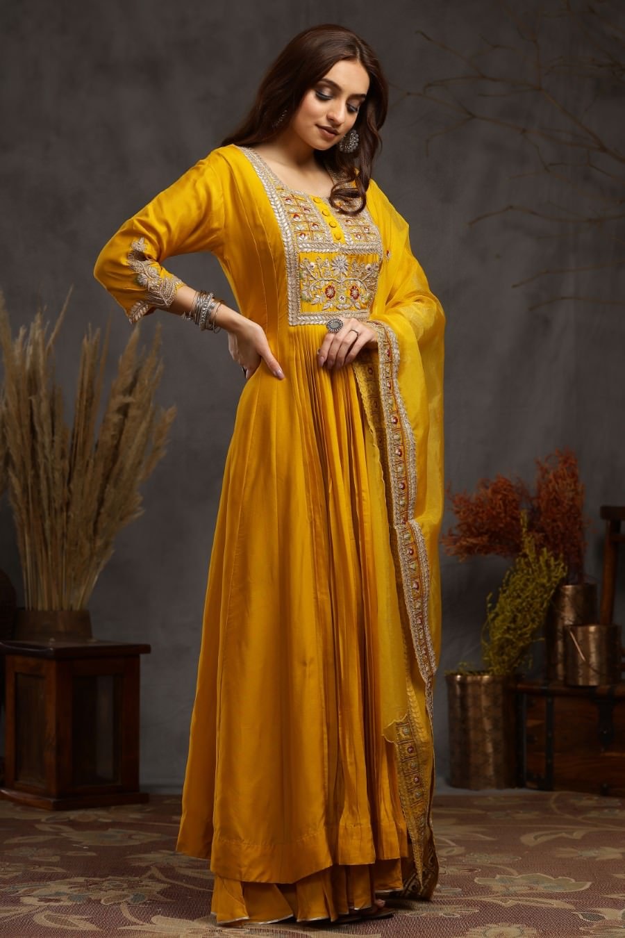 Mustard Modal Silk Long Enkle Length Stylish Dress And Dupatta With Embroidery