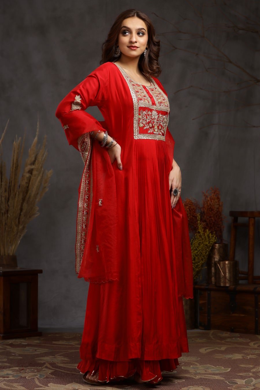 Red Modal Silk Long Enkle Length Stylish Dress And Dupatta With Embroidery