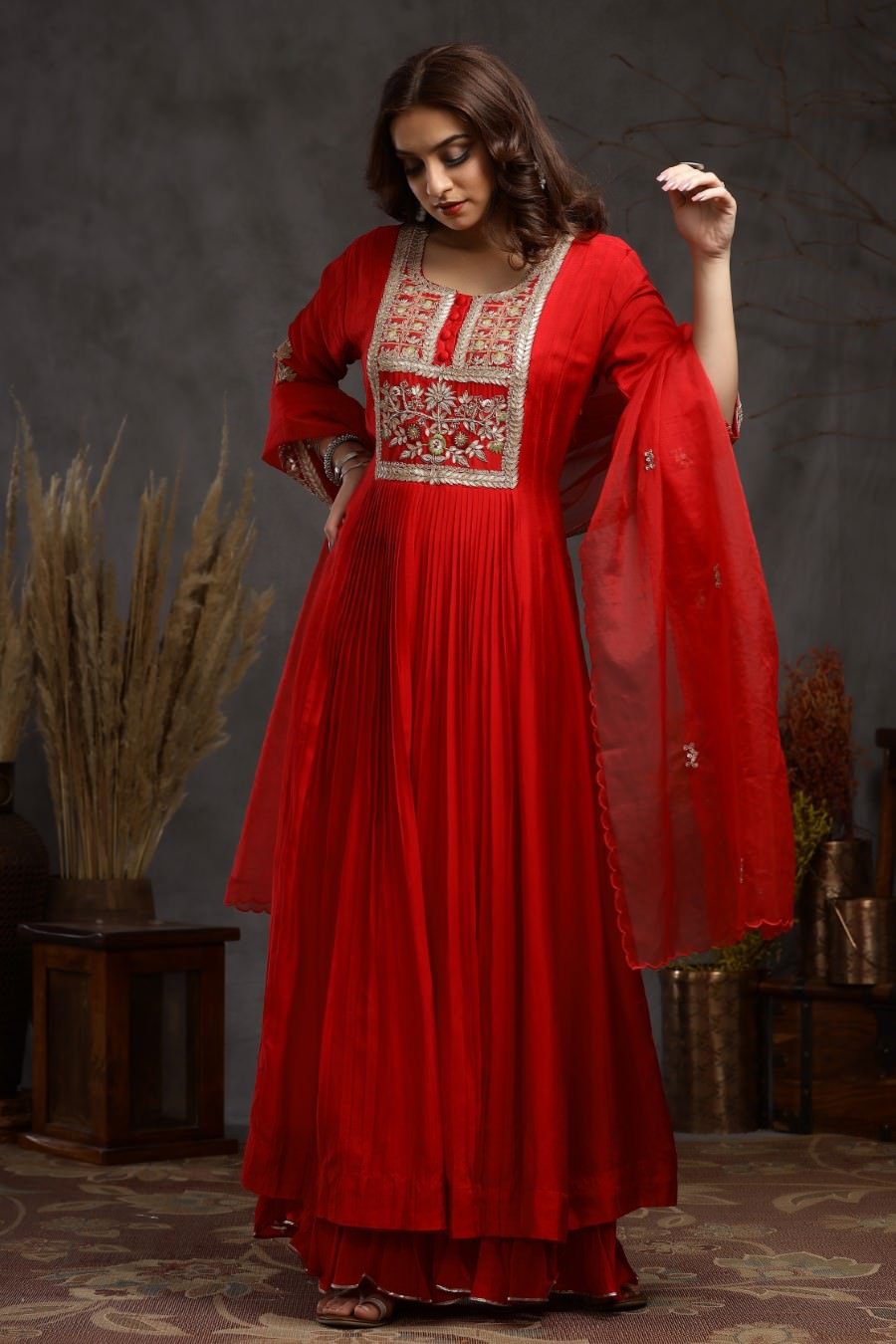 Red Modal Silk Long Enkle Length Stylish Dress And Dupatta With Embroidery