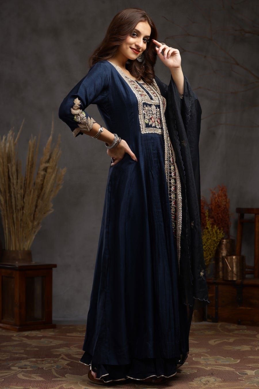 Navy blue Modal Silk Long Enkle Length Stylish Dress And Dupatta With Embroidery