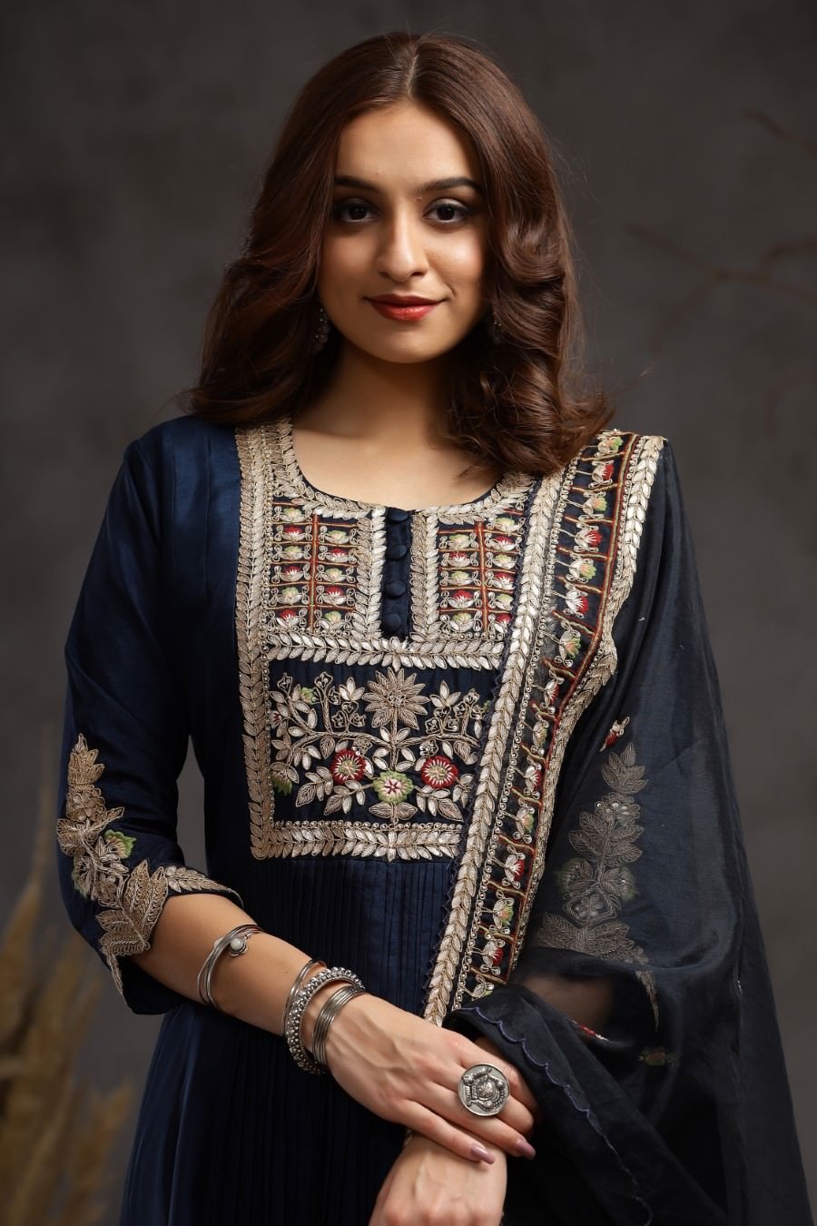Navy blue Modal Silk Long Enkle Length Stylish Dress And Dupatta With Embroidery