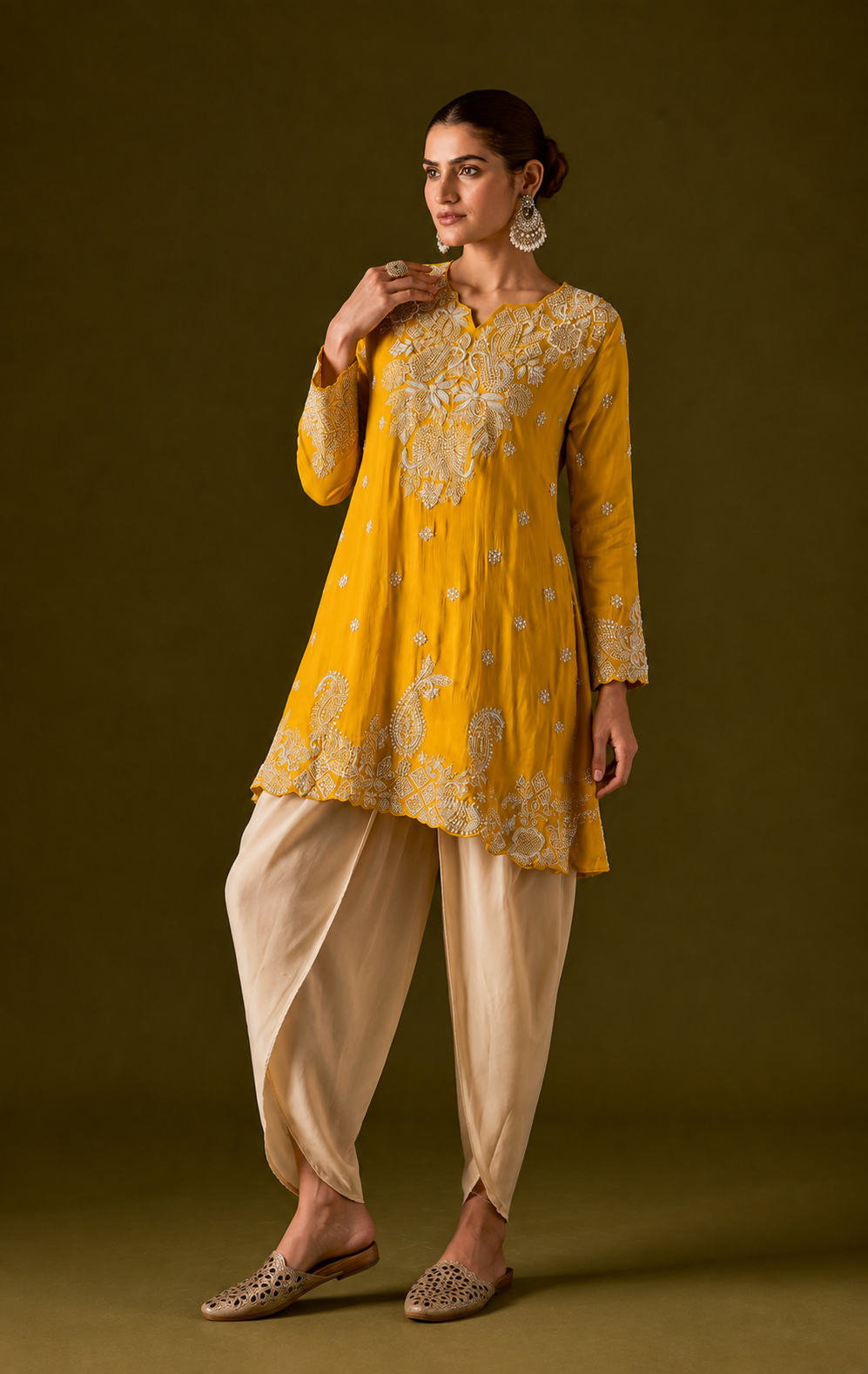 Saffron Yellow Embellished Chinon Silk Dhoti Set