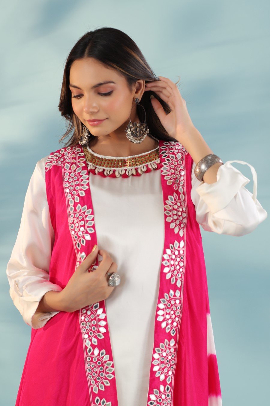 Pink Embellished Cape with Dhoti Pants & Tunic