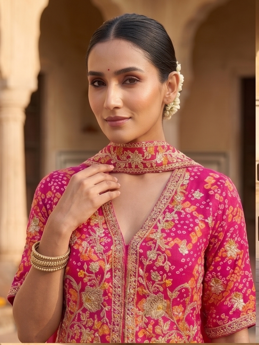 Fuchsia Bandhani Peacock Lehenga Set