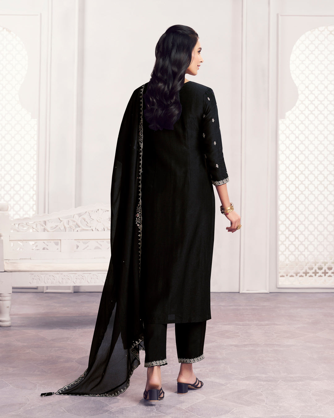 Obsidian Charm Embellished Dola Silk Pant Set