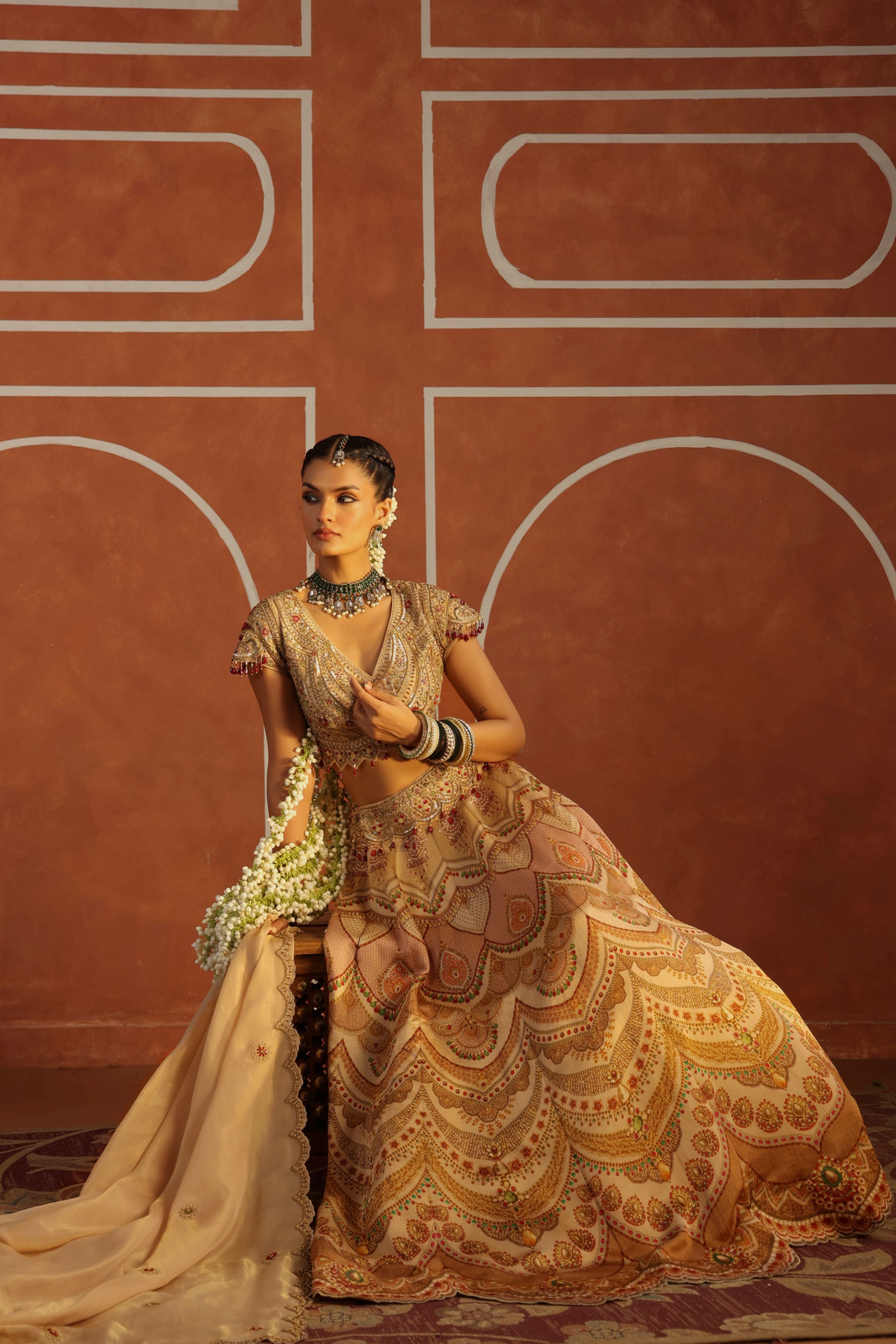 Soft Gold Embellished Satin Lehenga Set