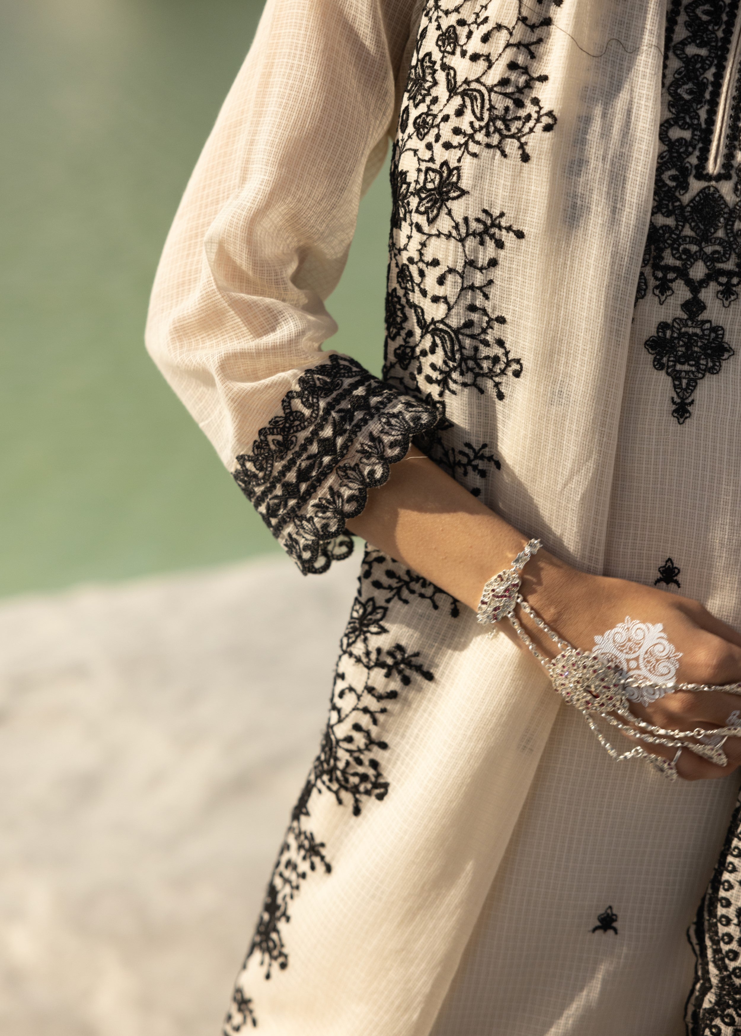 Off-White Embroidered Kota Doria Pant Set