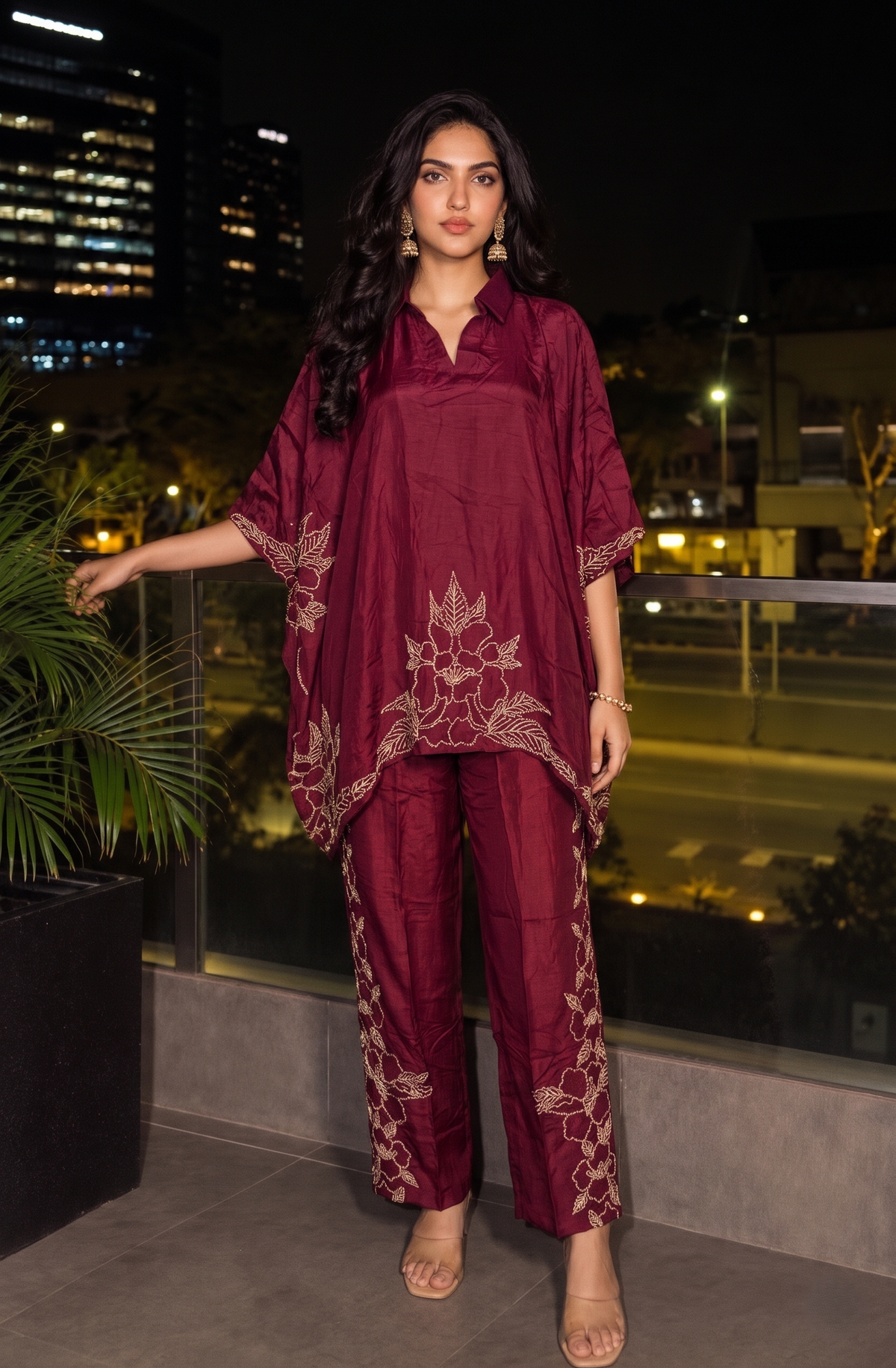 Deep Maroon Embellished Raw Silk Kaftan Set