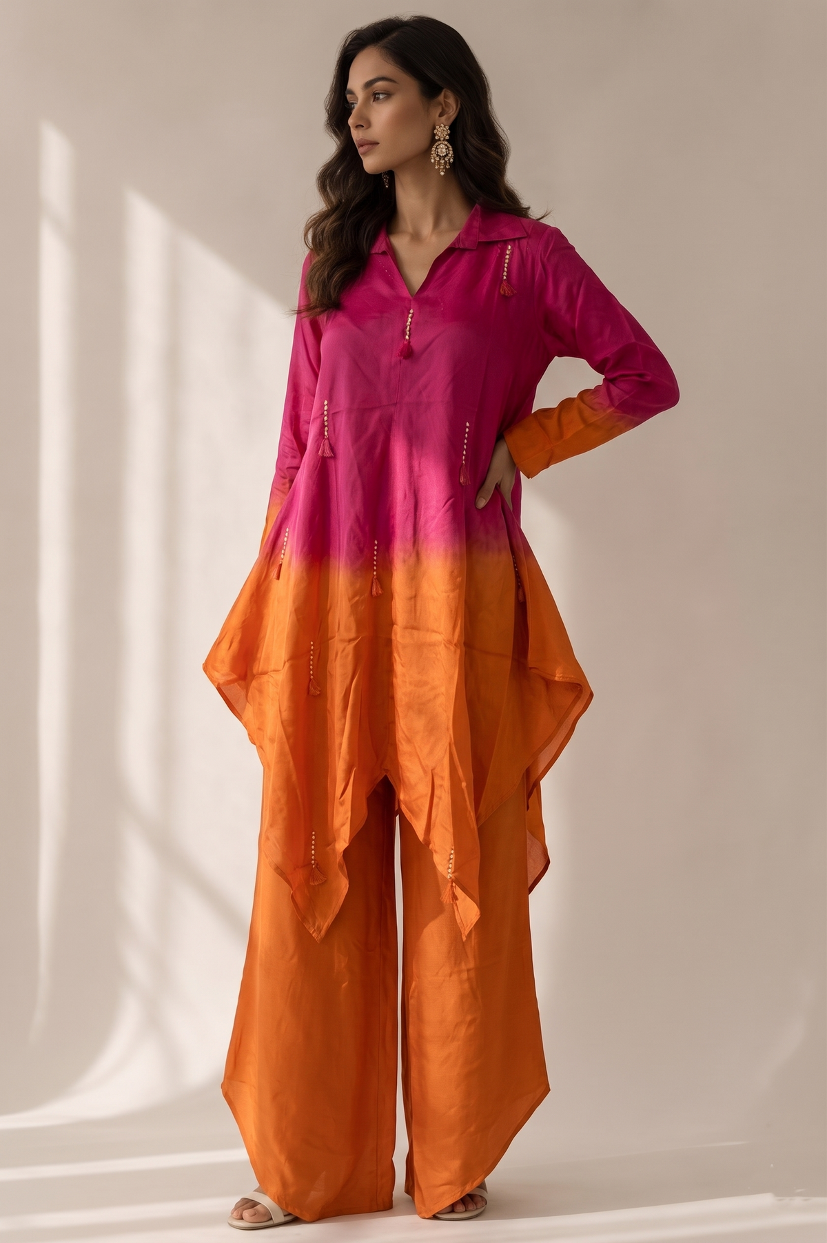 Ombre Pink Embellished Crepe Silk Palazzo Set