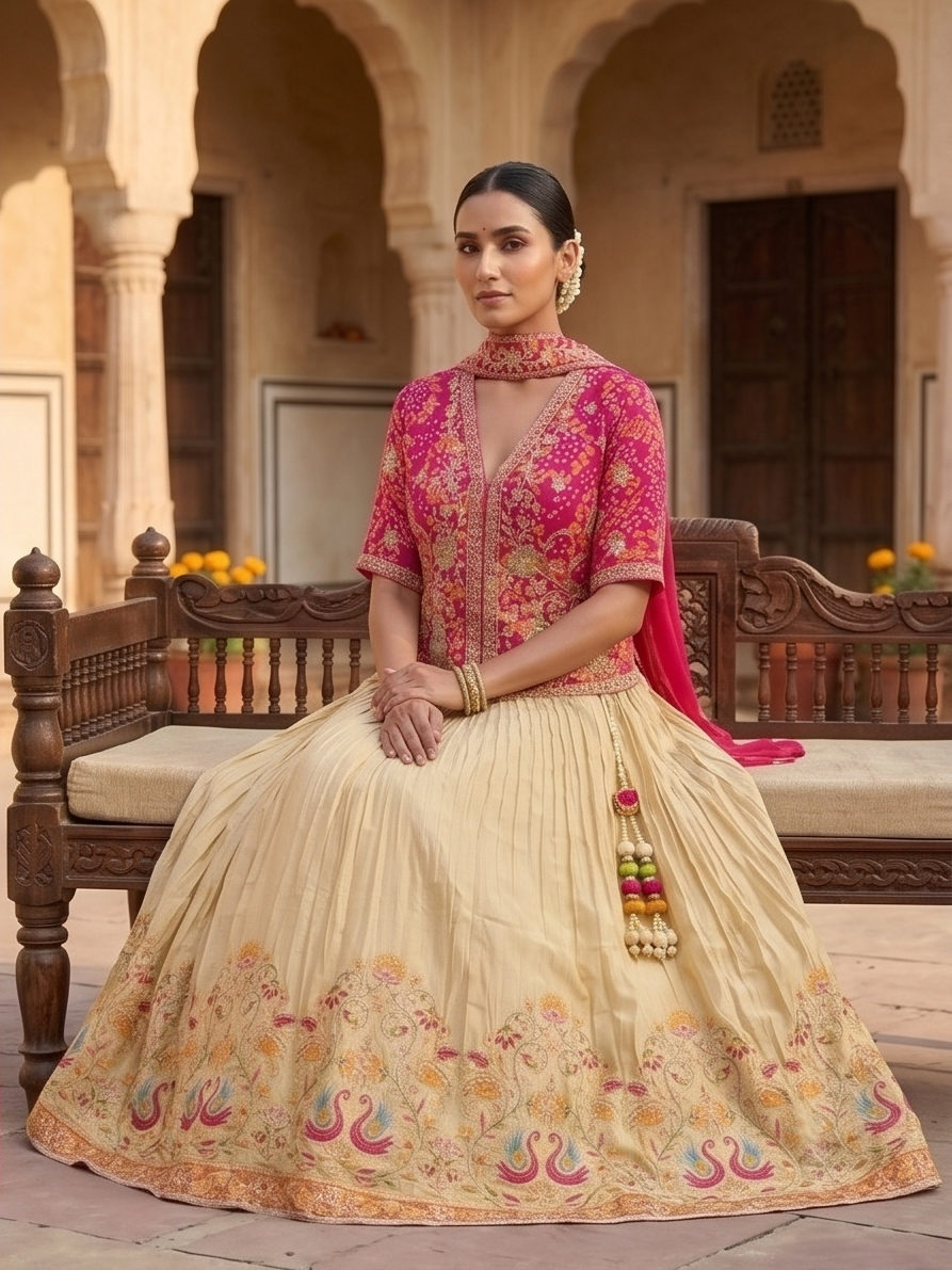 Fuchsia Bandhani Peacock Lehenga Set