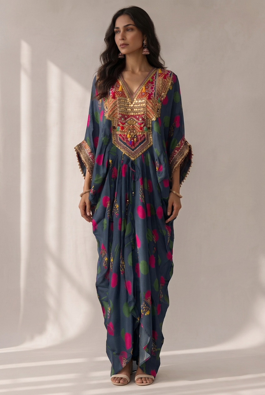 Charcoal Blue Embellished Crepe Silk Kaftan Maxi Dress