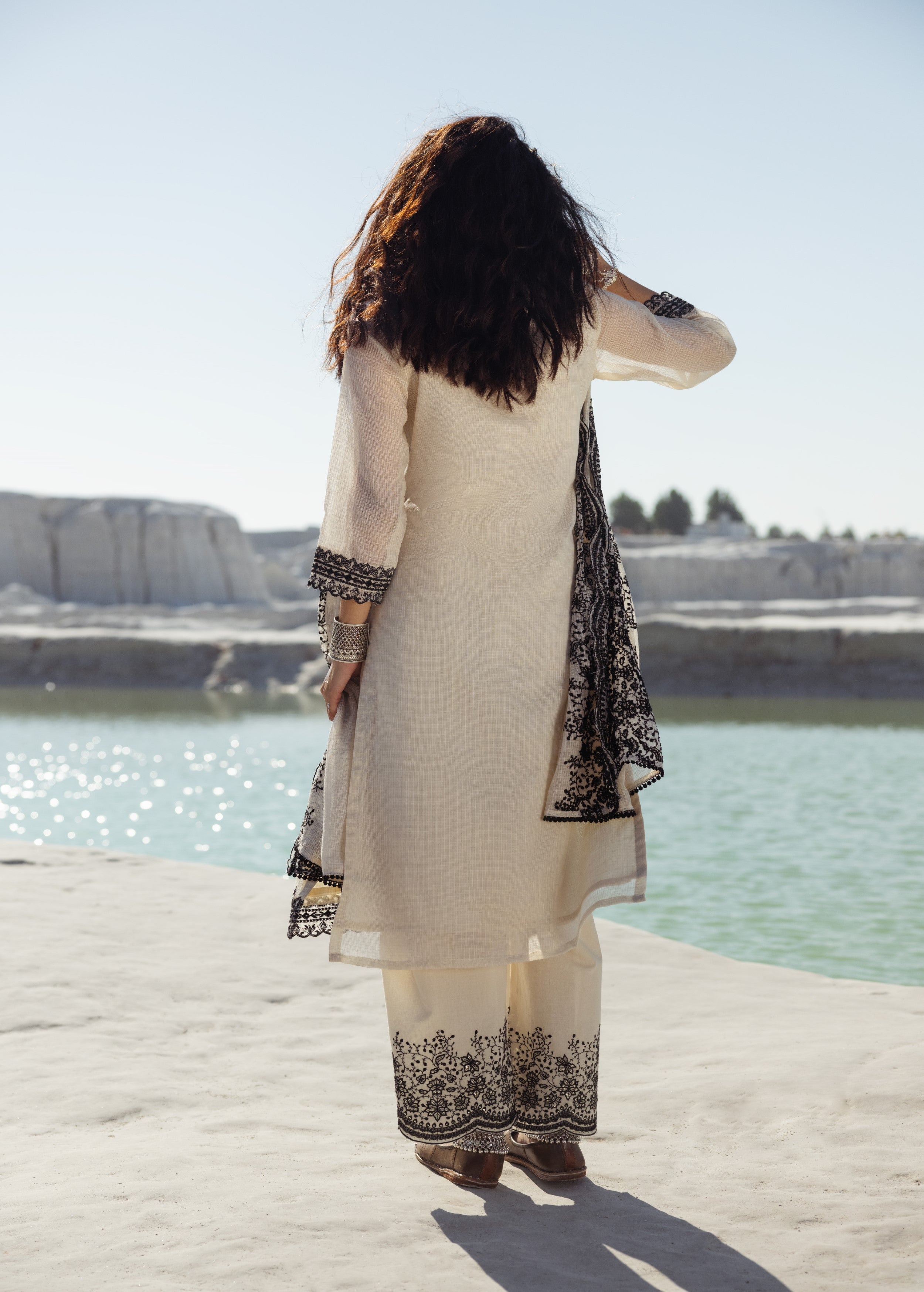 Off-White Embroidered Kota Doria Pant Set