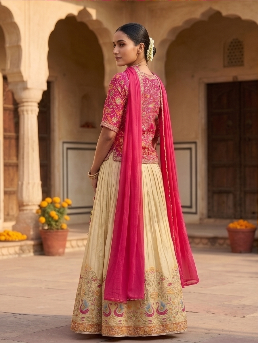 Fuchsia Bandhani Peacock Lehenga Set