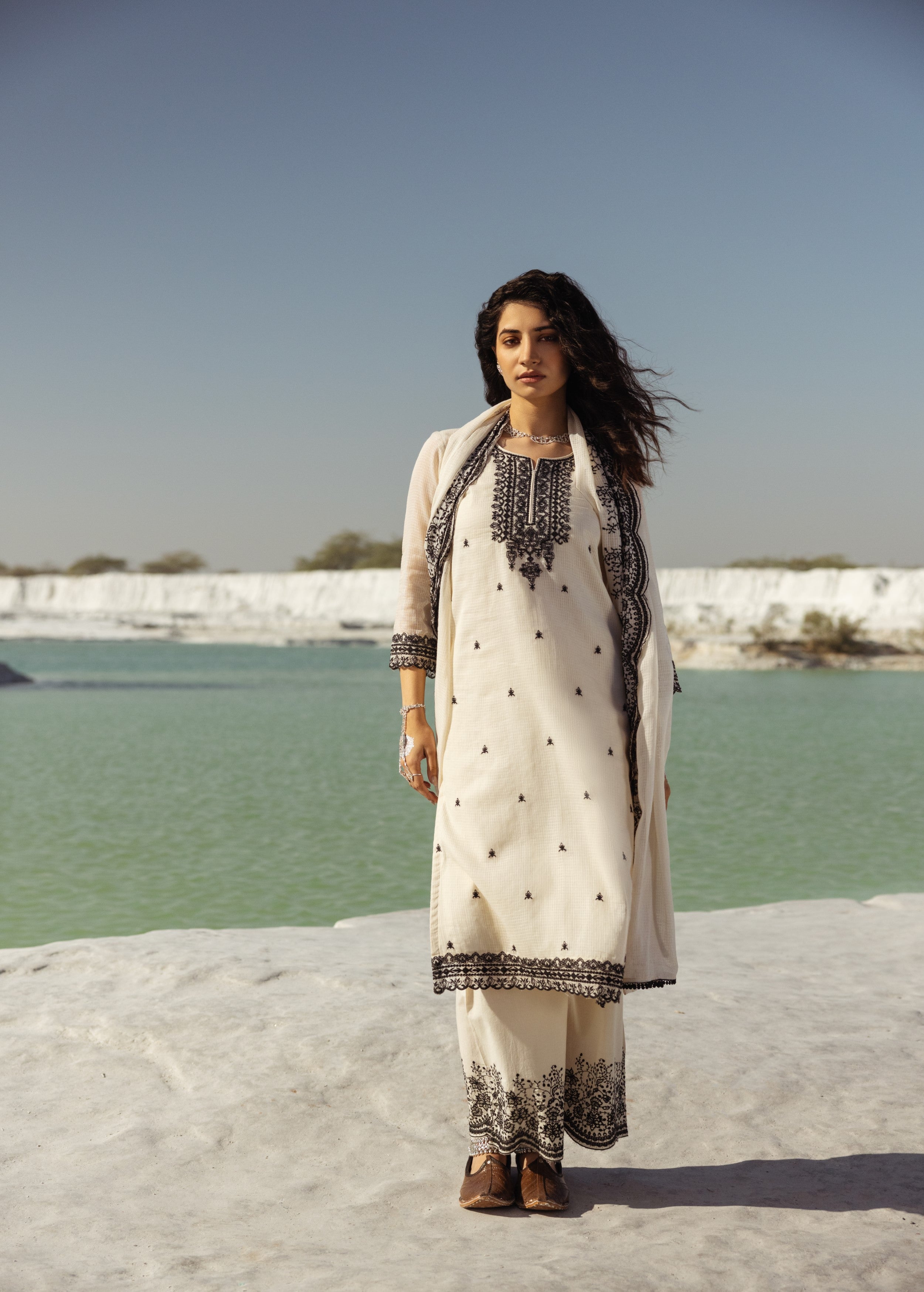 Off-White Embroidered Kota Doria Pant Set