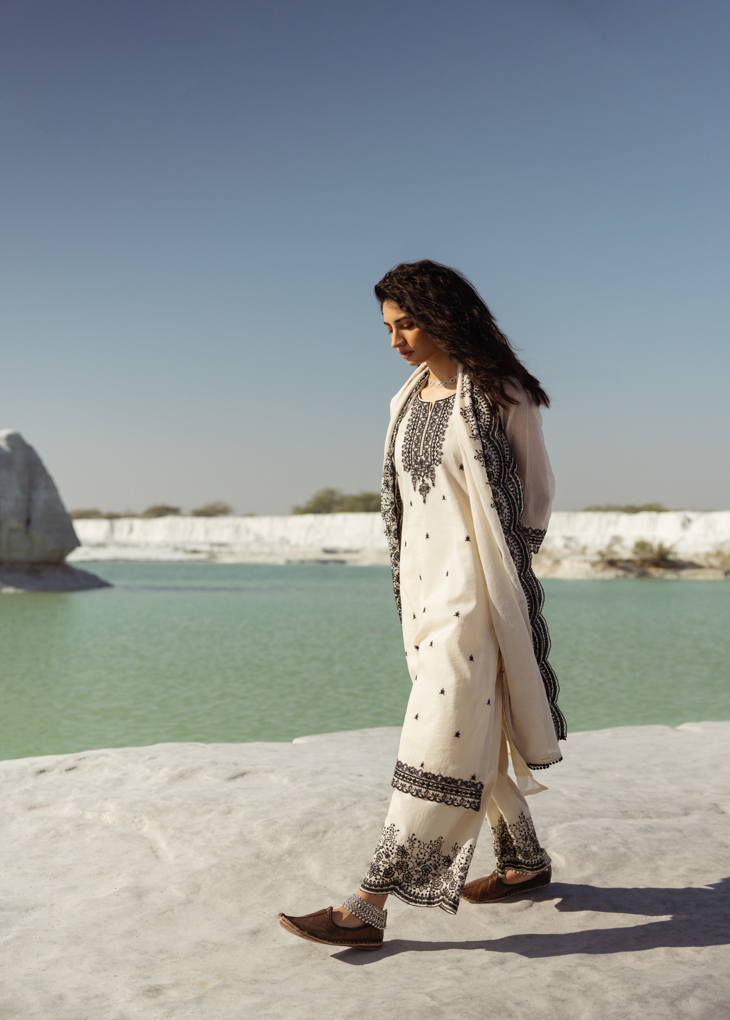 Off-White Embroidered Kota Doria Pant Set