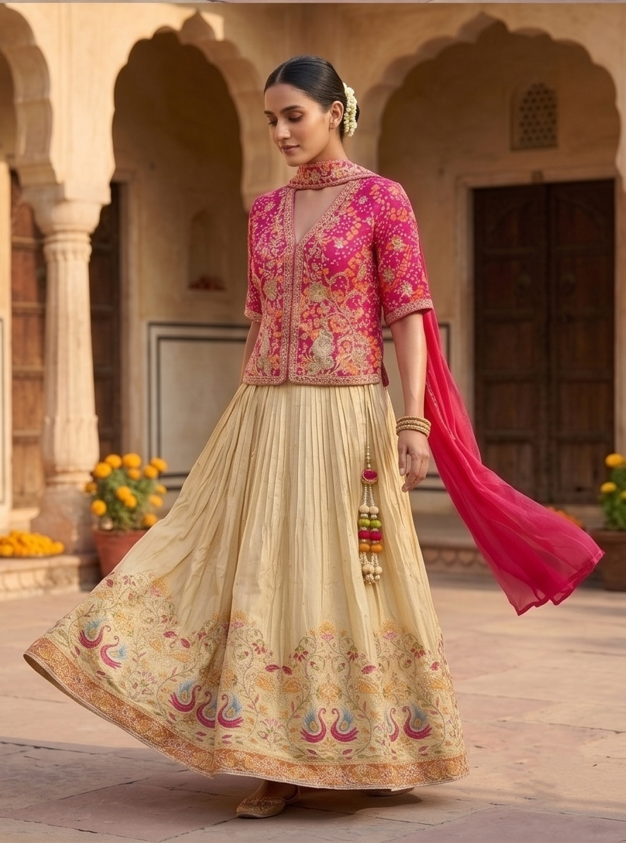 Fuchsia Bandhani Peacock Lehenga Set