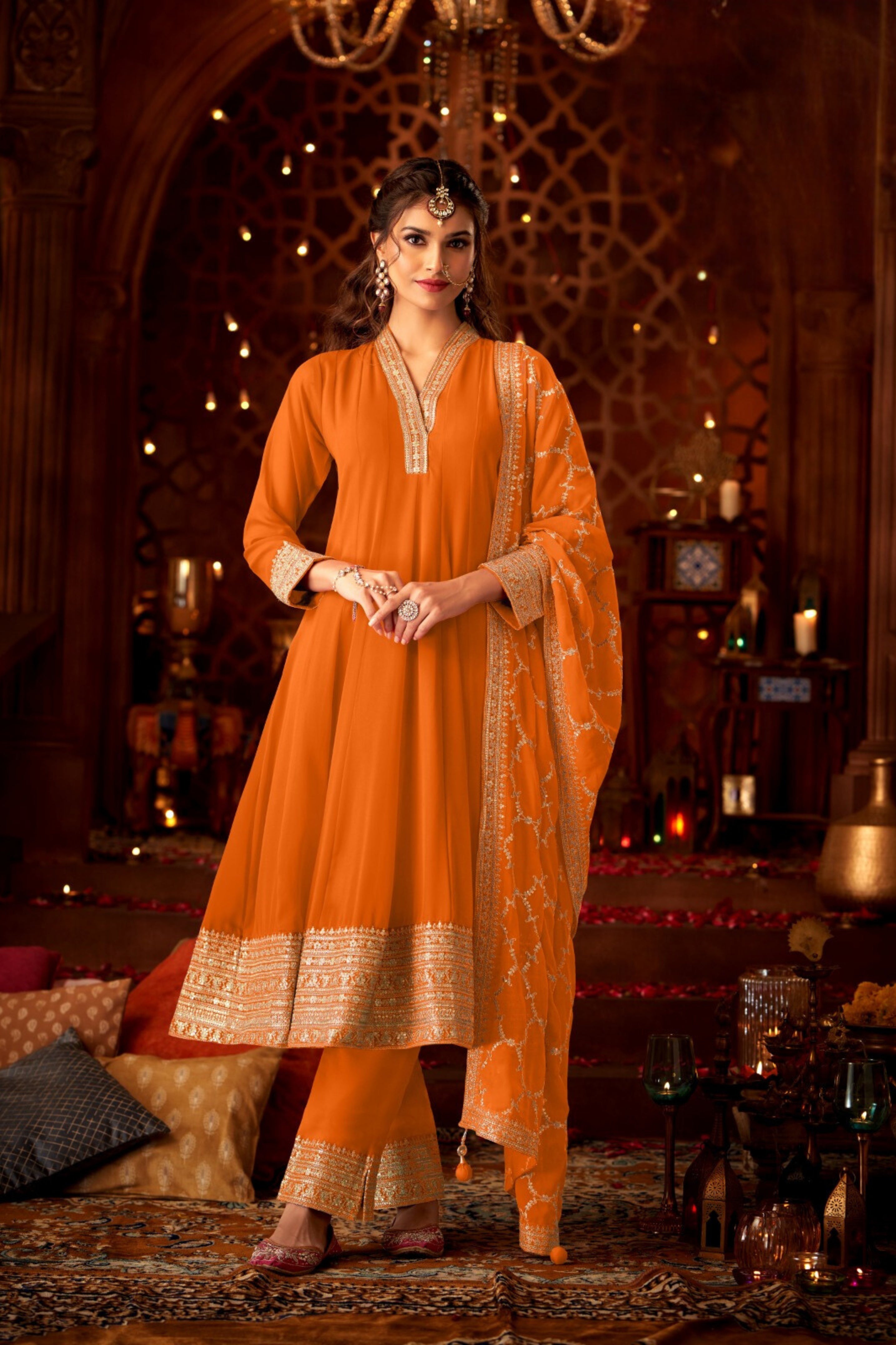 Orange Embellished Georgette Silk Anarkali Set