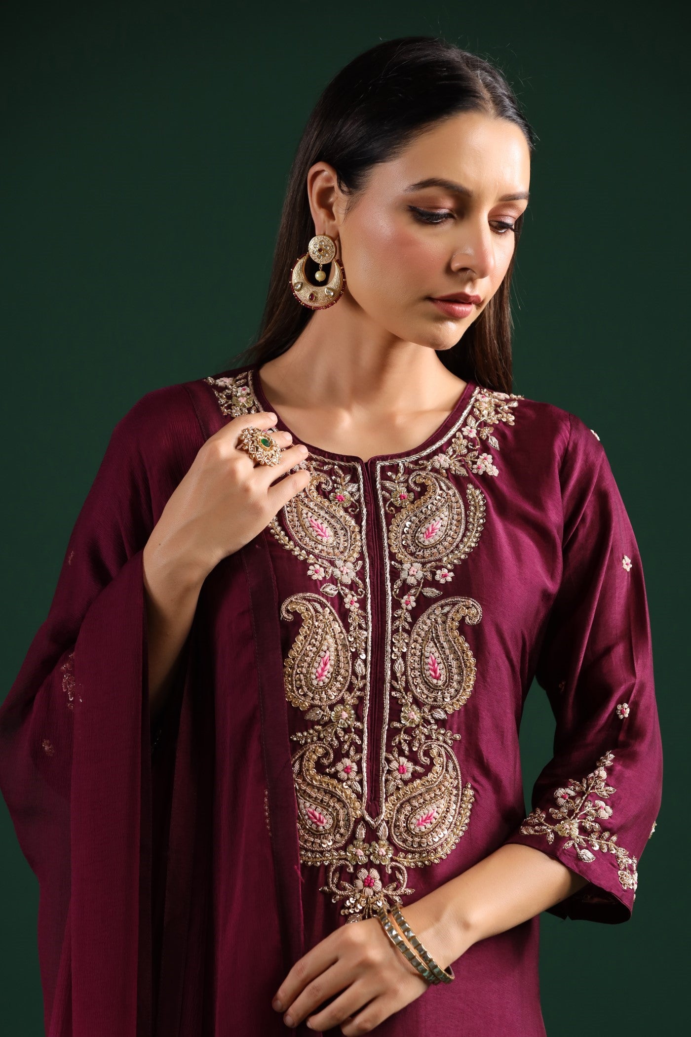 Wine Embroidered Kurta With Contrast Dress