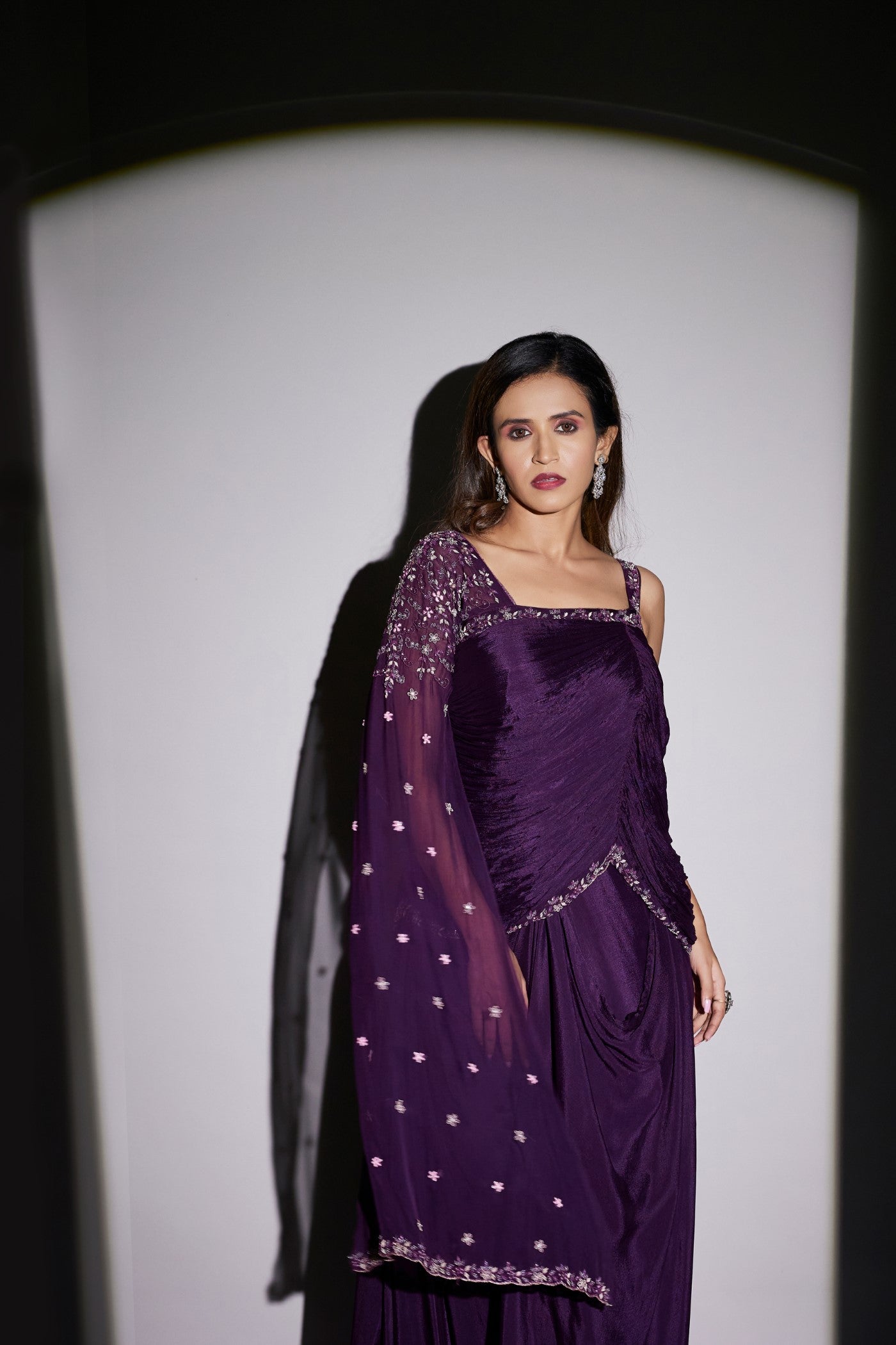 Purple Pure Chinon Silk Draped Gown