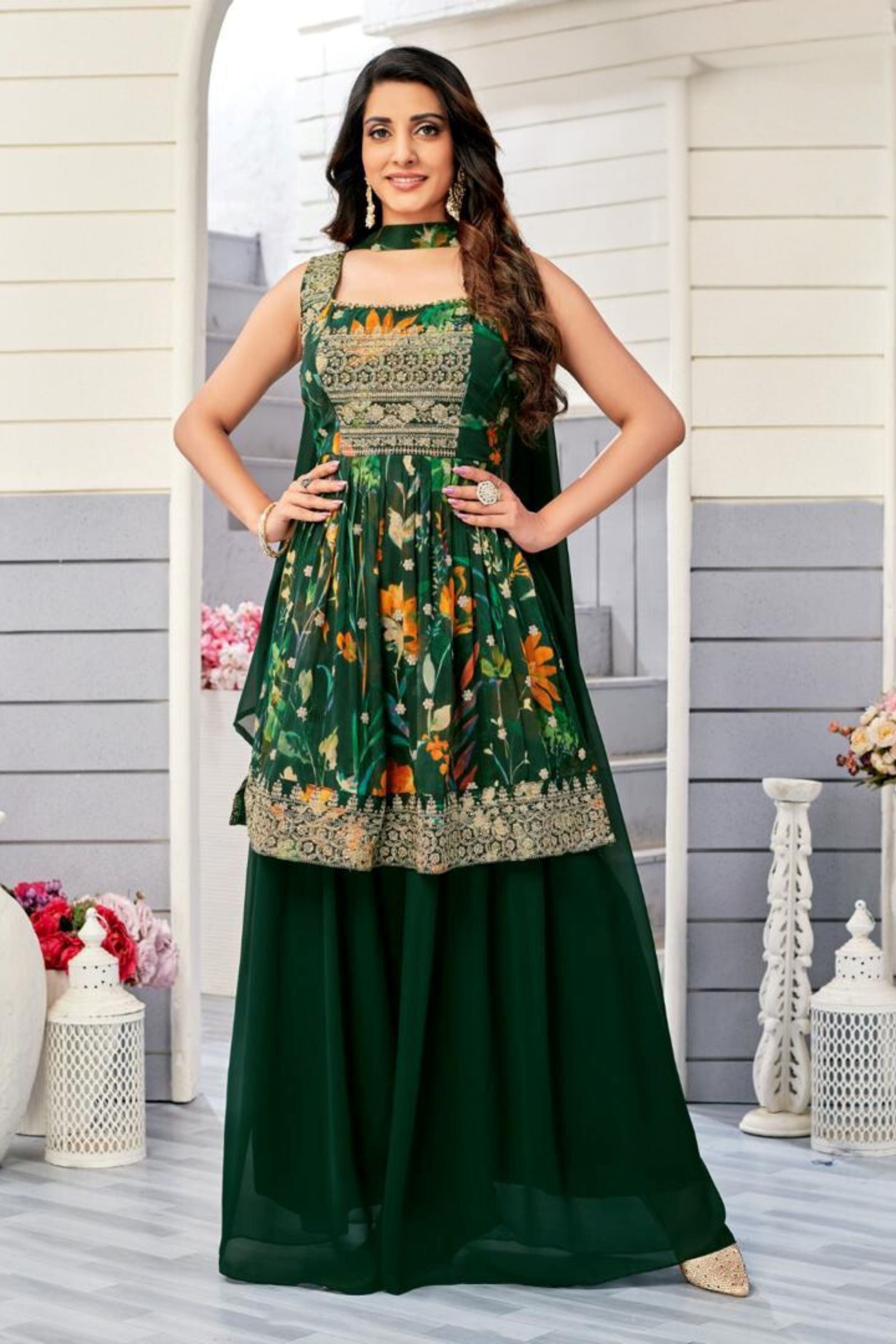 Green Embellished Georgette Silk Palazzo Set