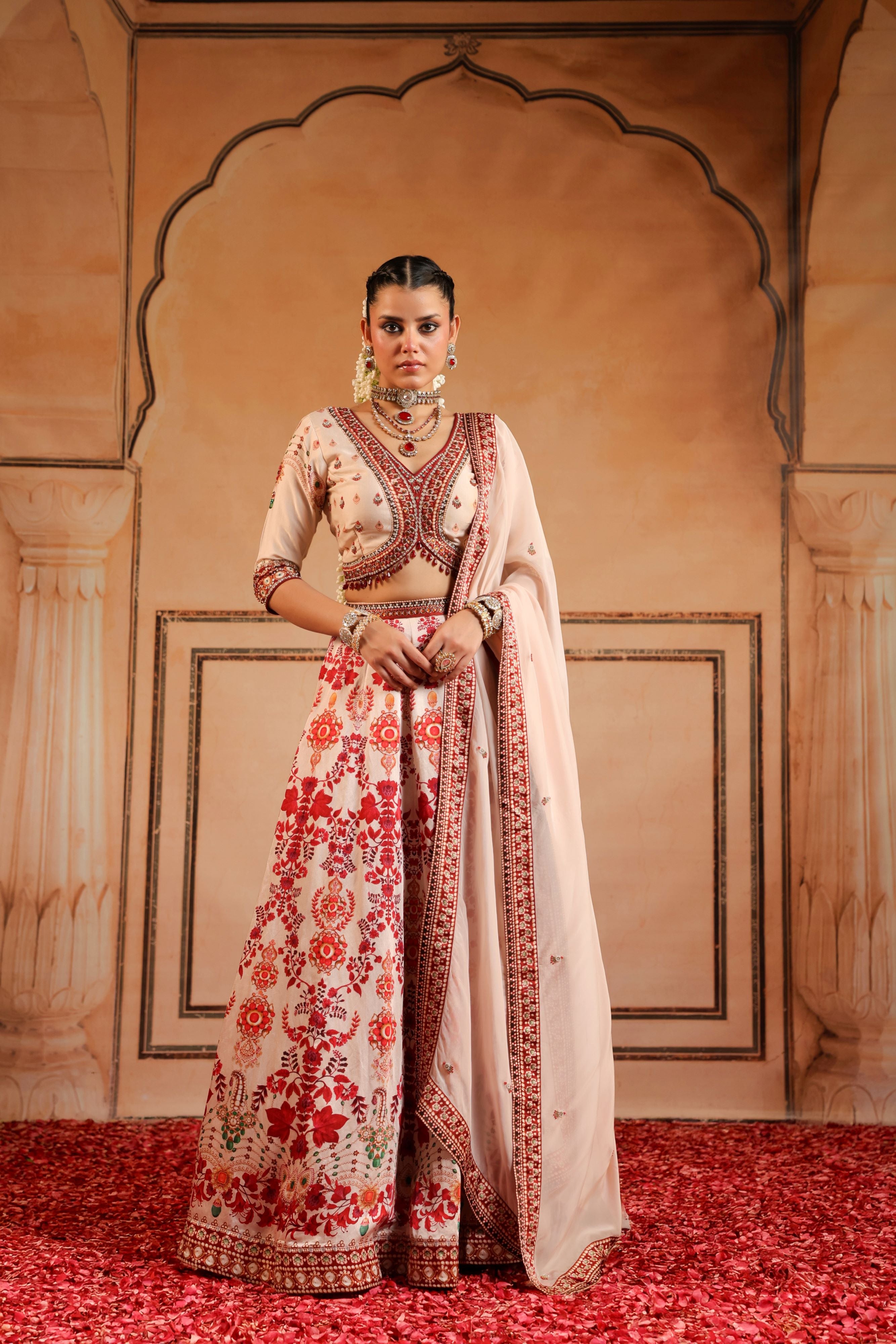 Peachy Pink Embellished Linen Satin Lehenga Set