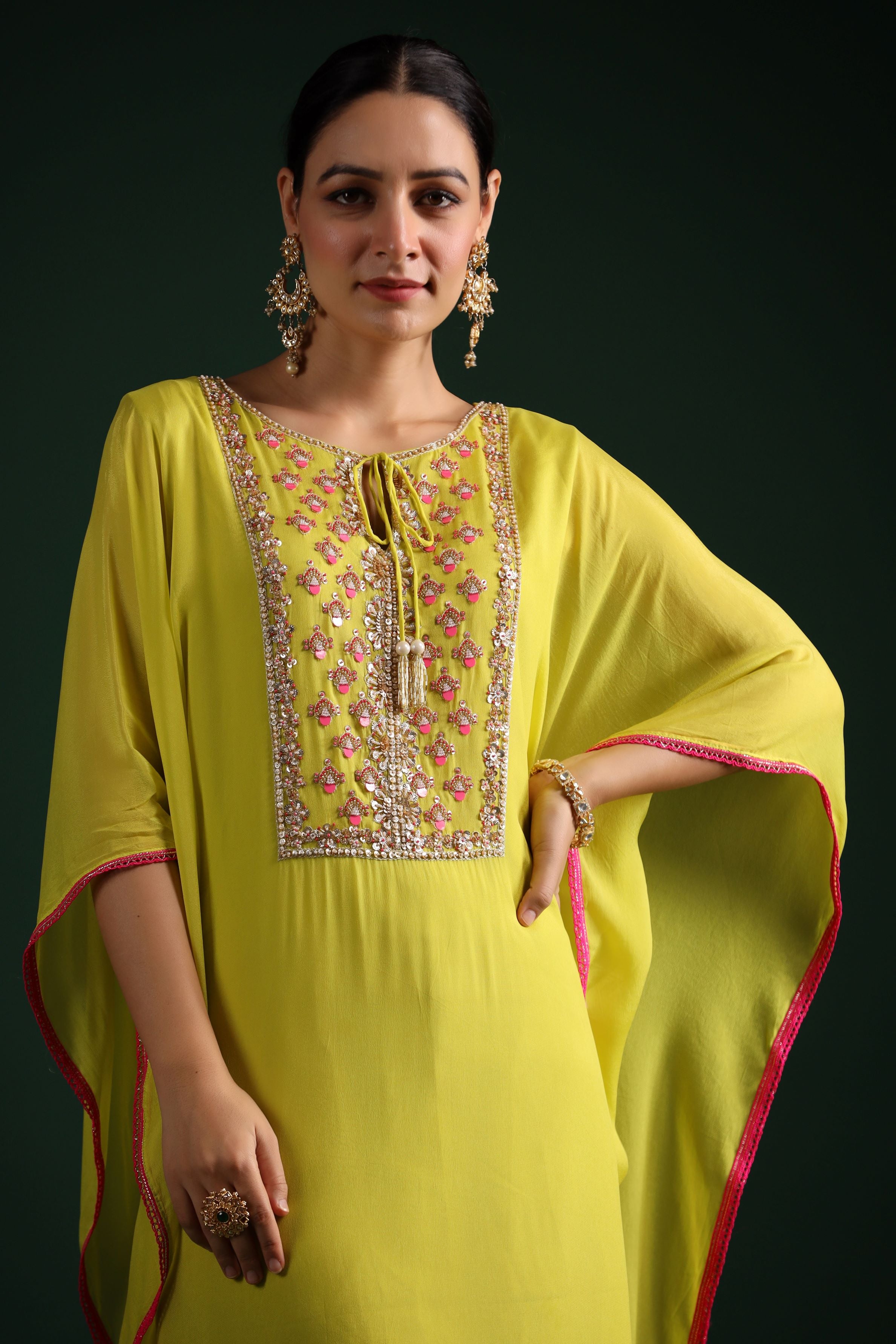 Neon Green Embellished Kaftan Dress