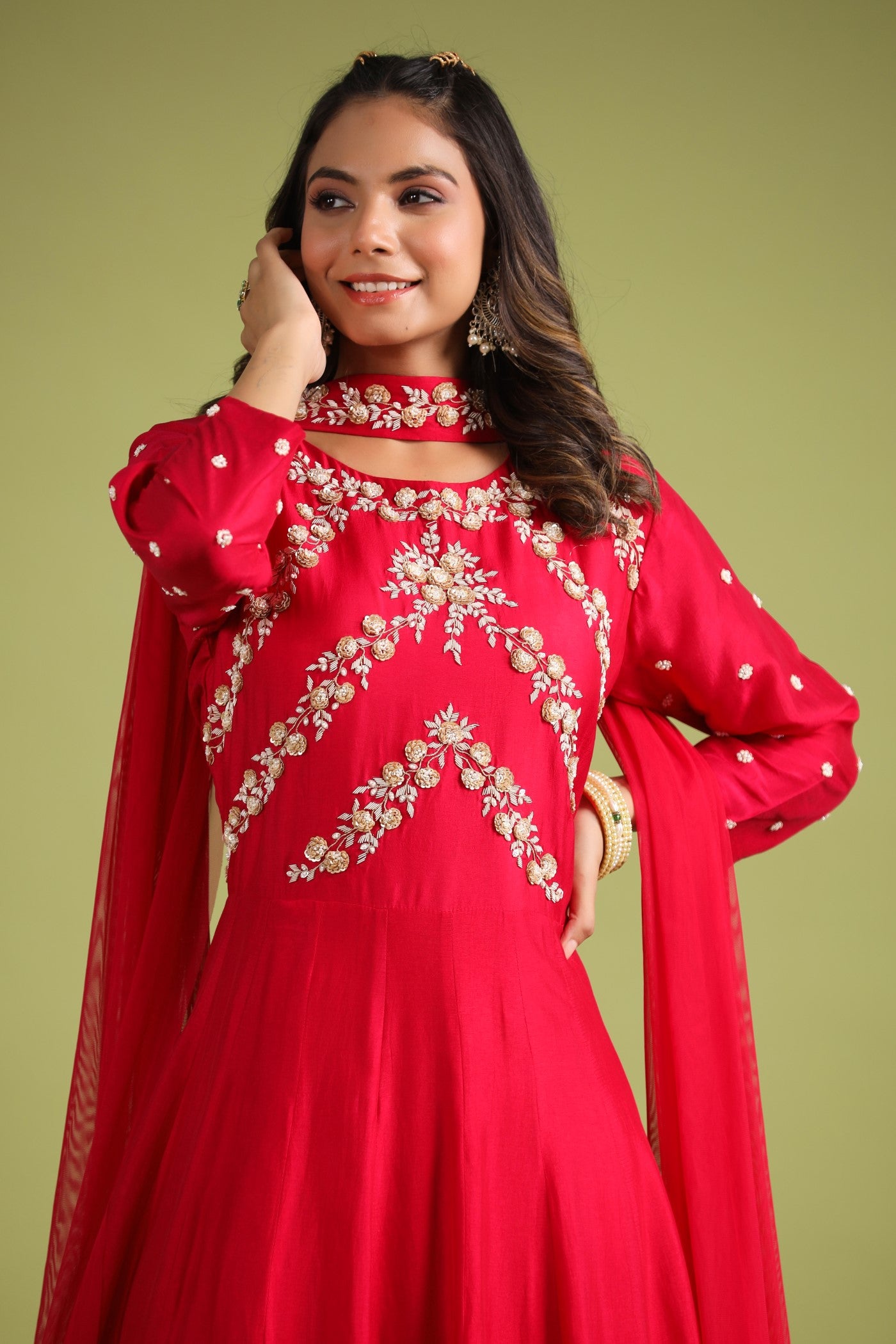 Red Embellished Anarkali Set