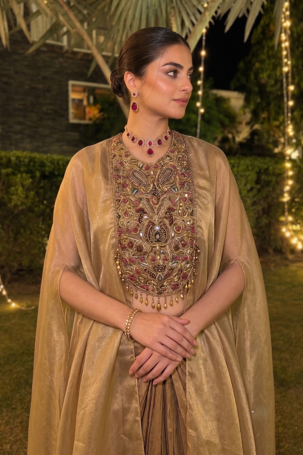 Peach Gold Embellished Shimmer Tissue Silk Skirt Set