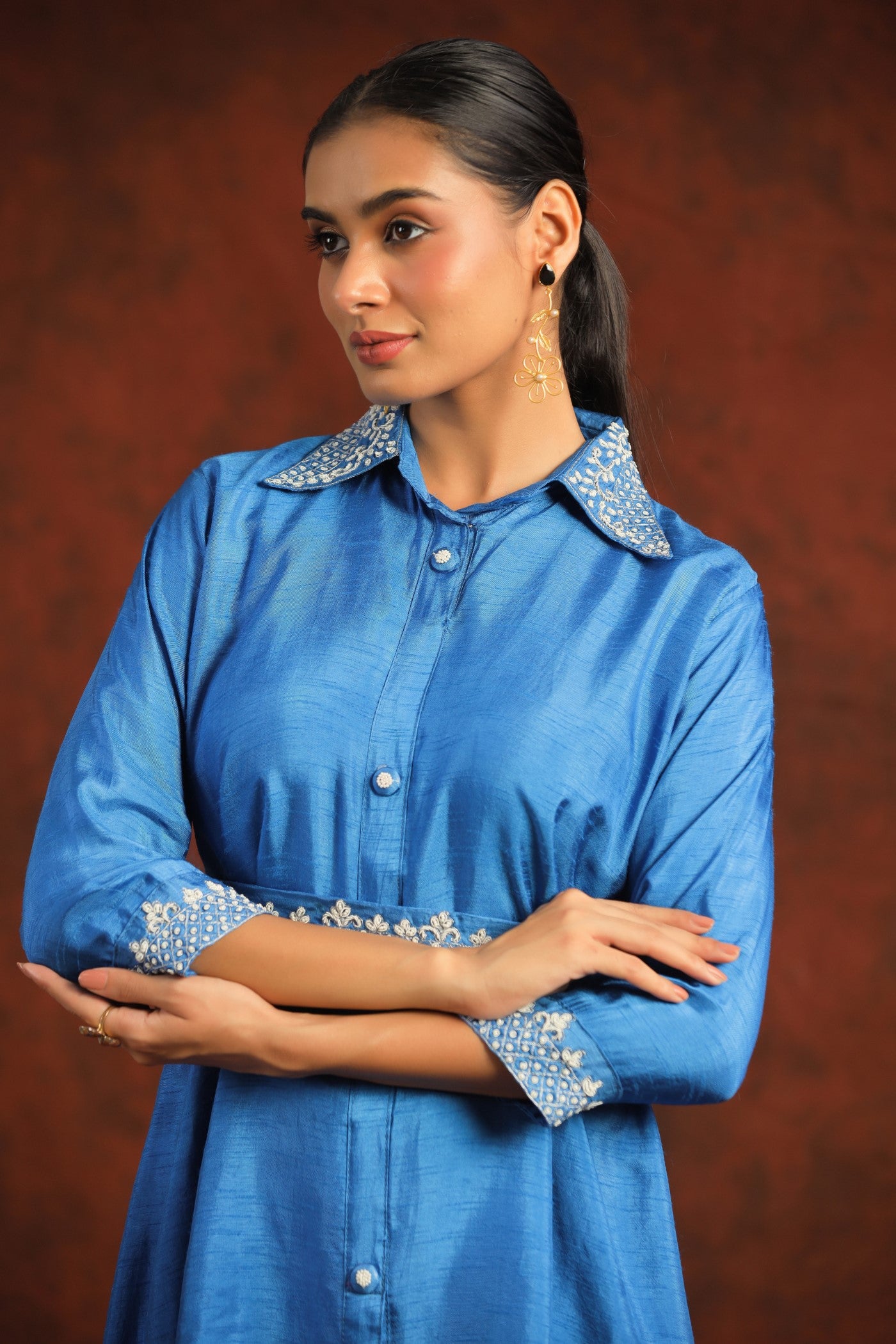 Bright Blue Hand Embroidered Dola Silk Co-ord Set