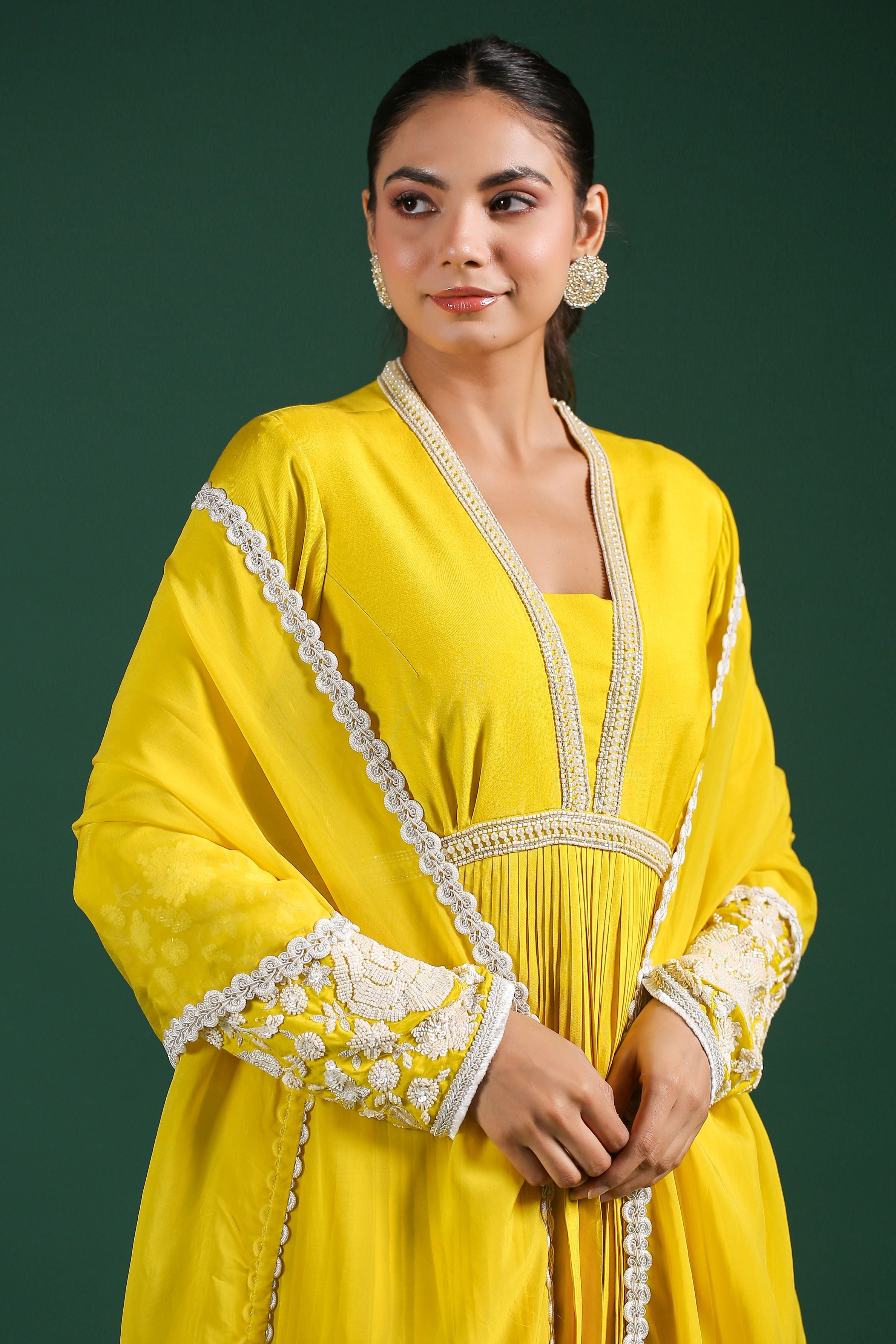 Bright Yellow Embroidered Mulberry Silk Sharara Set