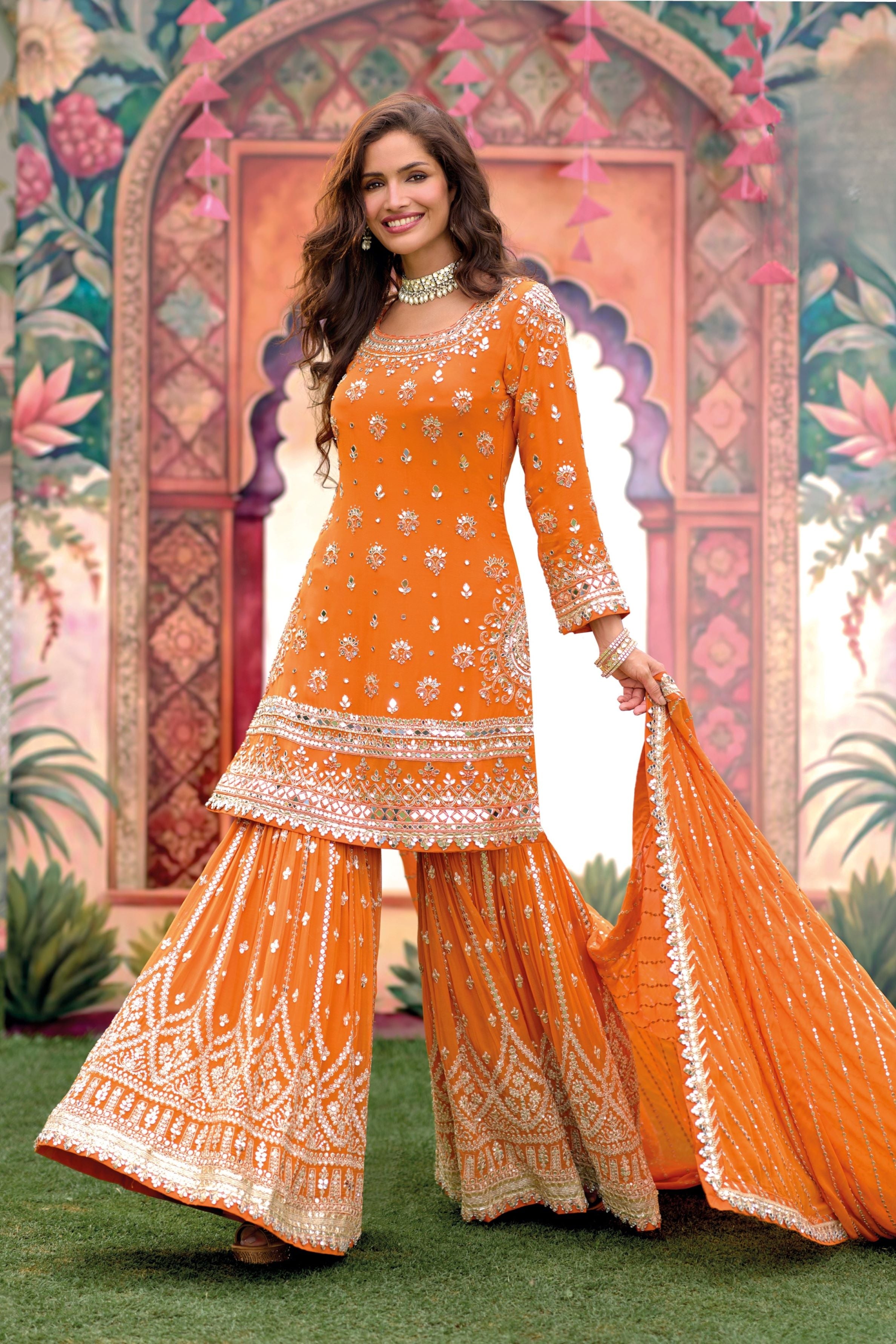 Bright Orange Embellished Georgette Silk Sharara Set