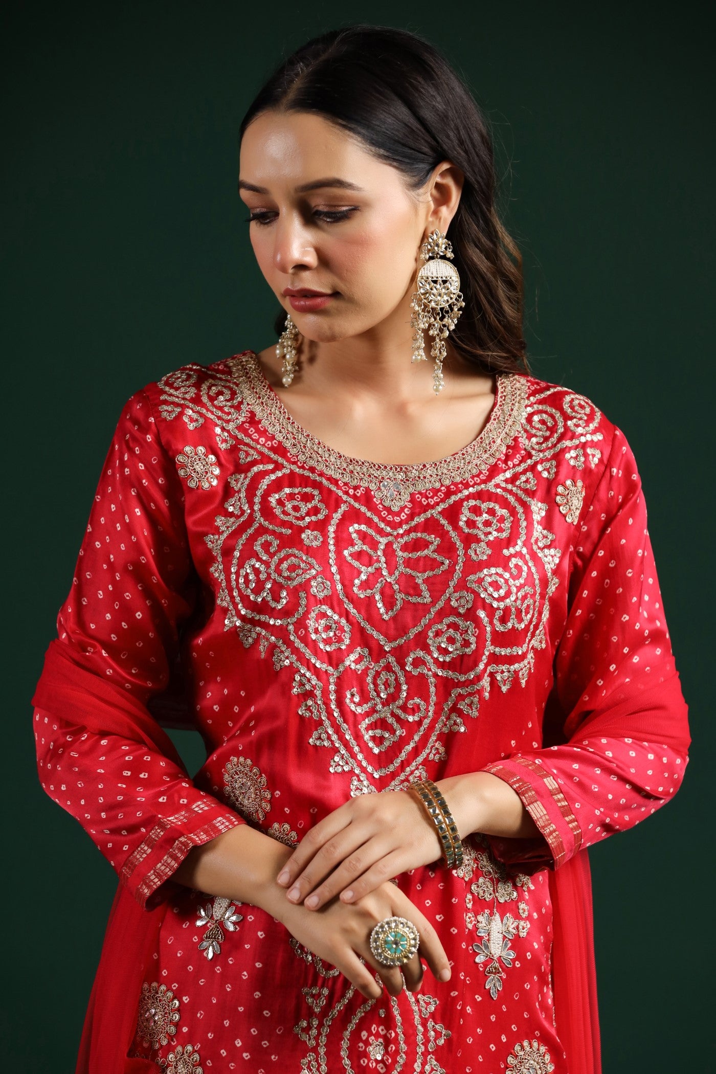 Red Bandhej Gajji Silk Kurta Set