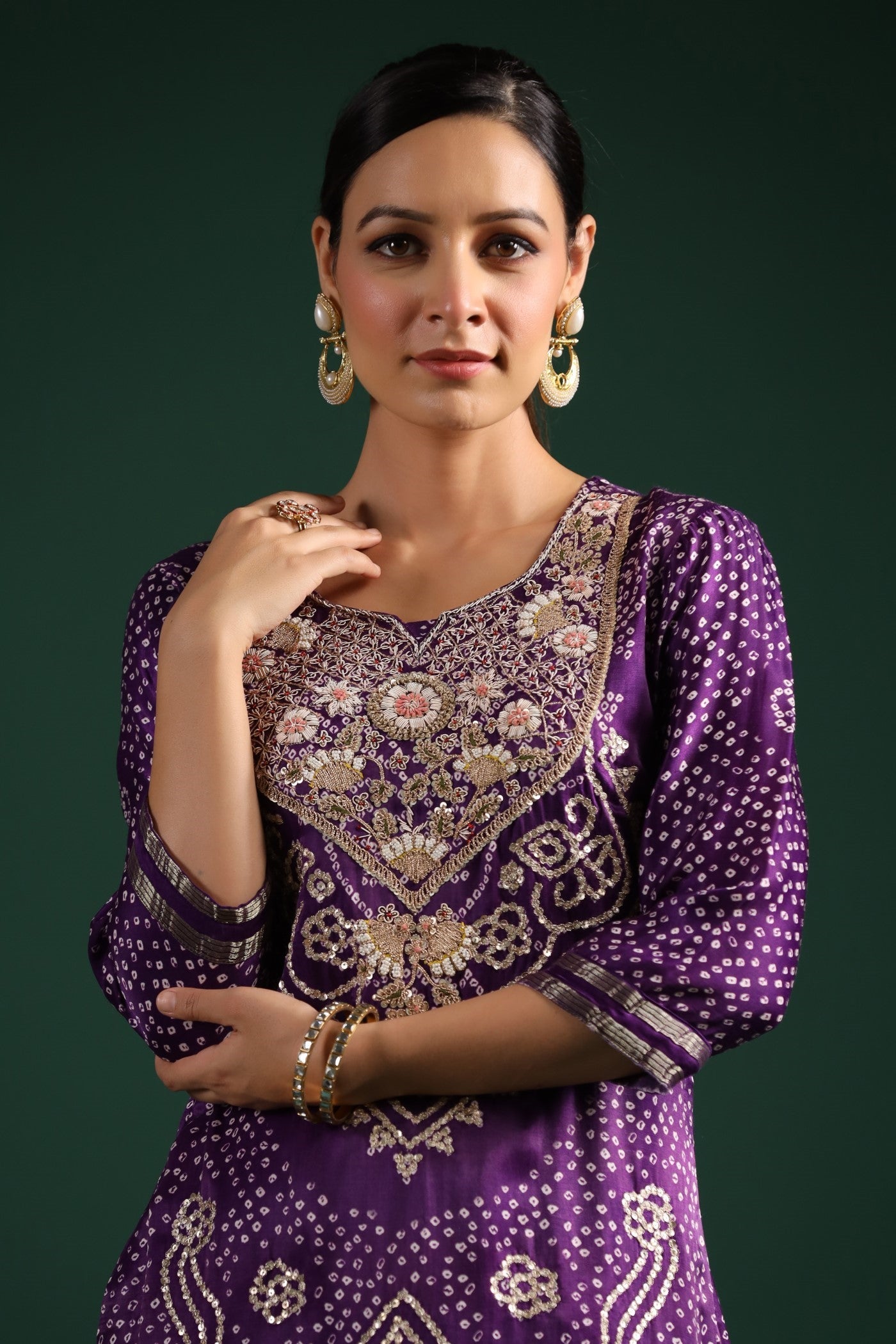 Purple Bandhani Embroidered Kurta Set