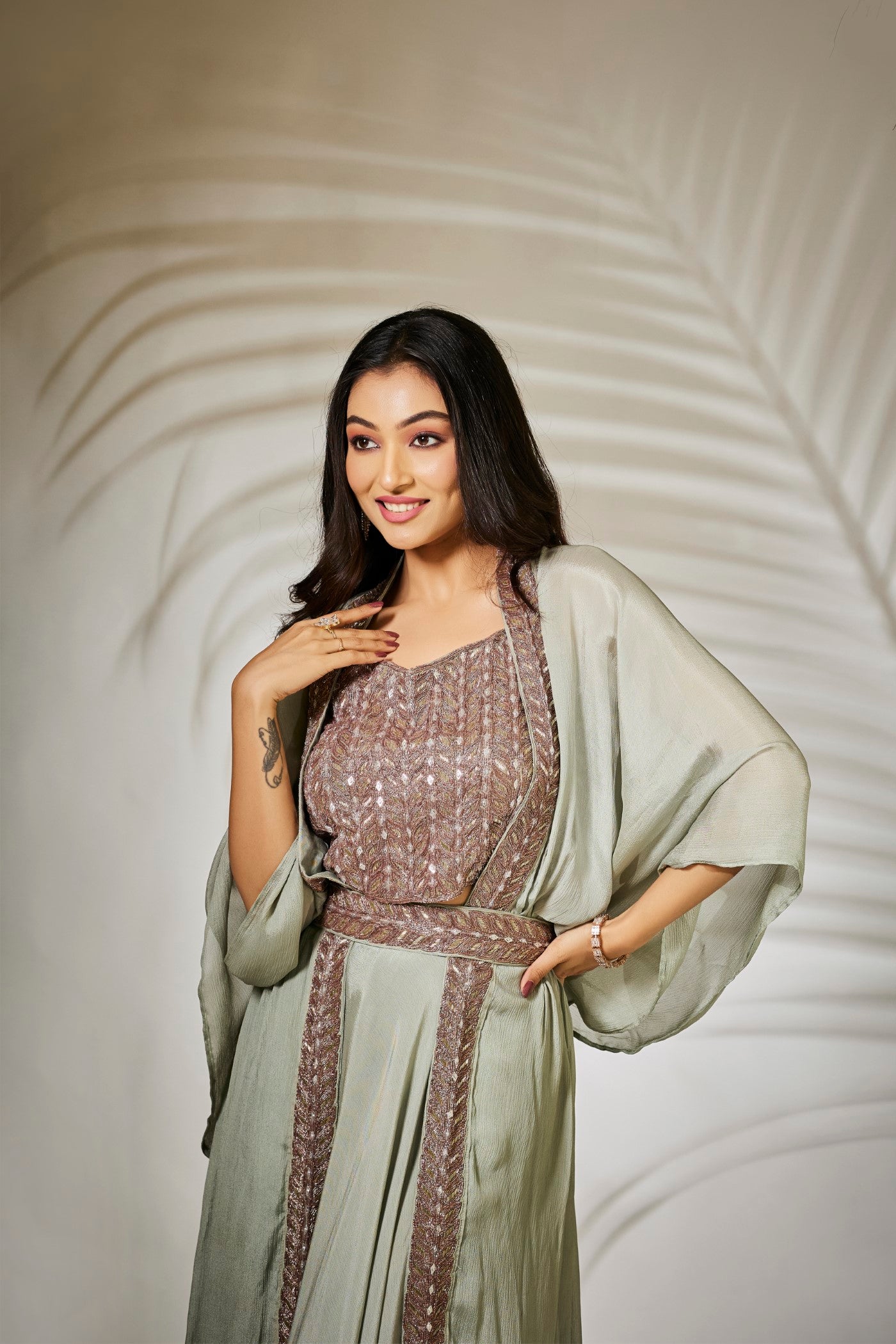 Pastel Green Pure Chinnon Silk Plazzo Set with Cape