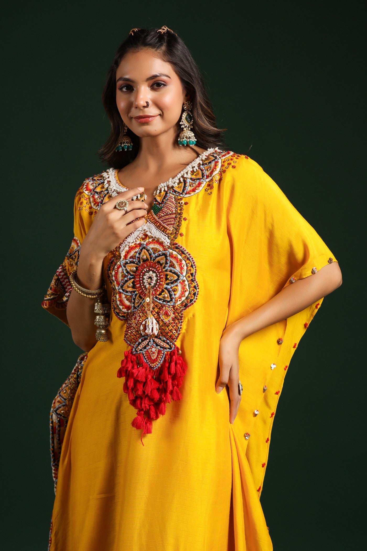 Festive Yellow Embellished Kaftan Pants Set