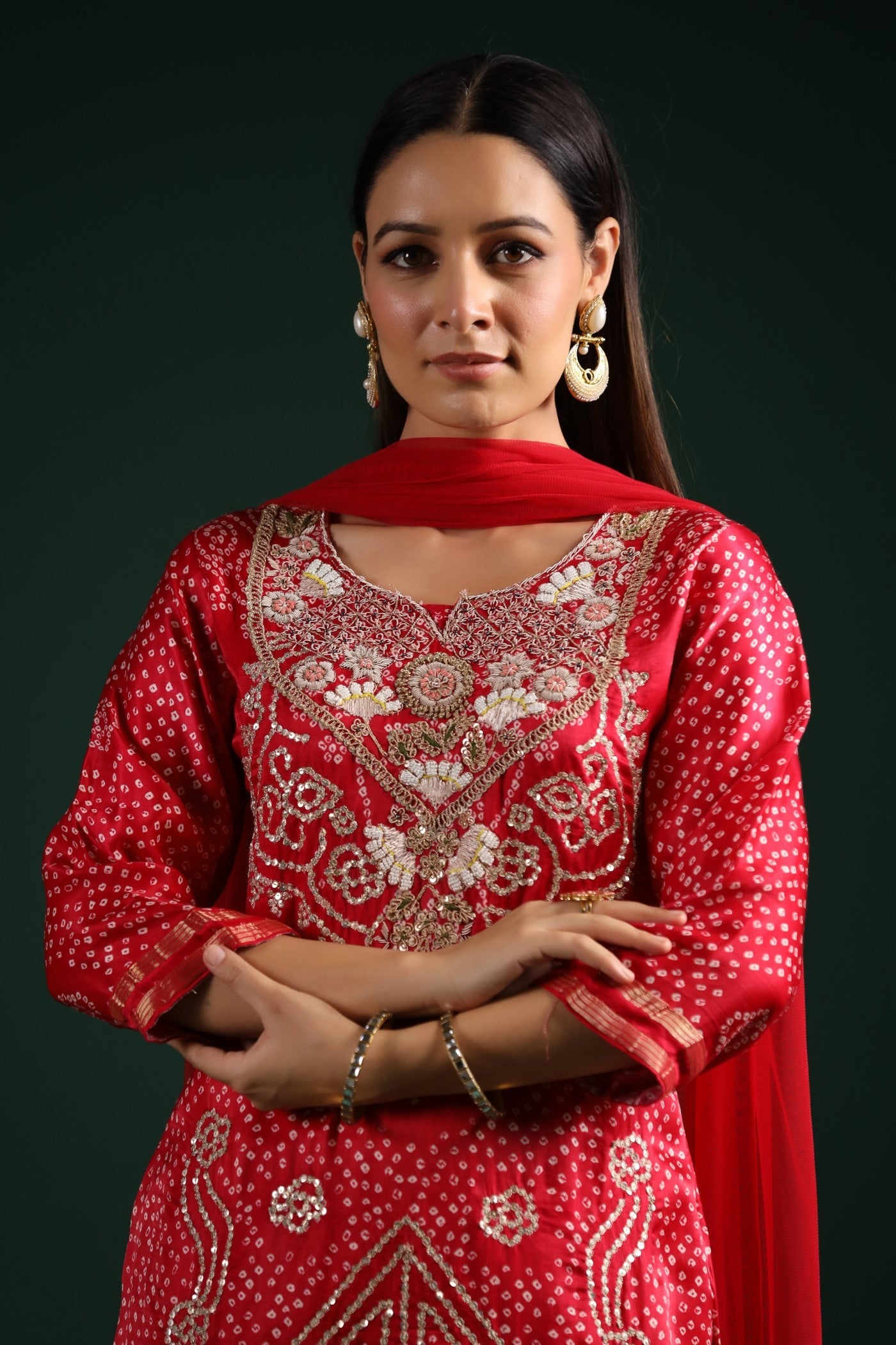 Red Bandhani Embroidered Kurta Set