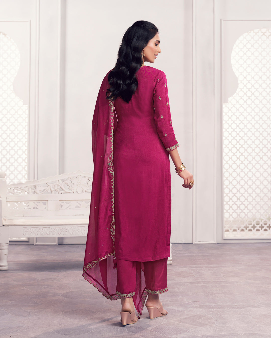 Ruby Charm Embellished Dola Silk Pant Set