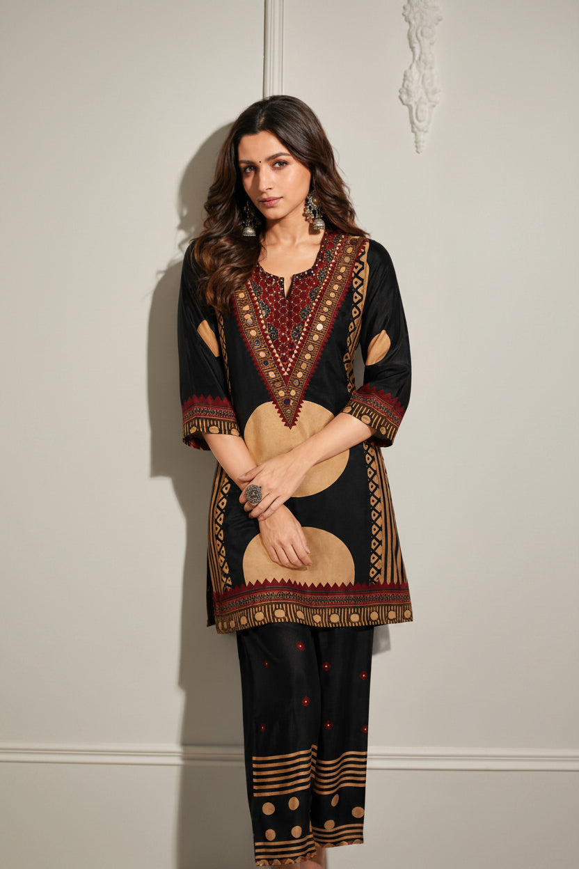 Beige Polka Printed Crepe Silk Co-Ord Set