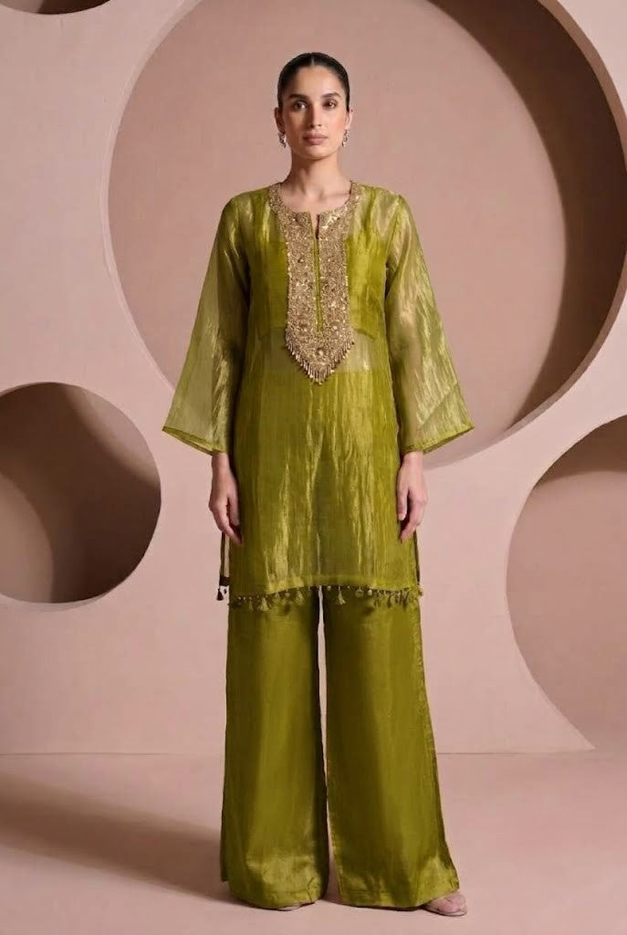 Light Olive Green Embellished Shimmer Tissue Silk Co-Ord Set