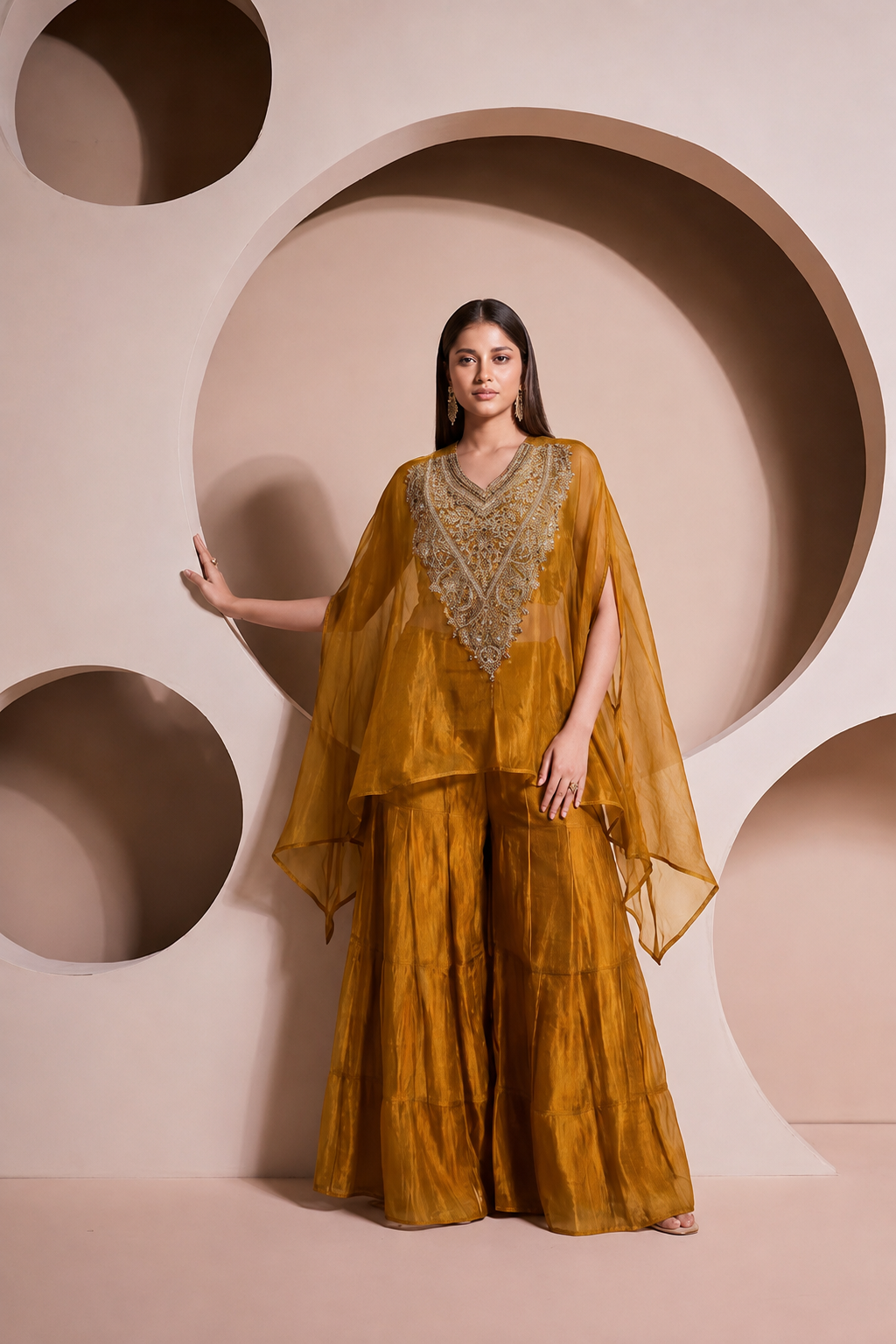 Mustard Dual Embellished Shimmer Organza Silk Palazzo Set