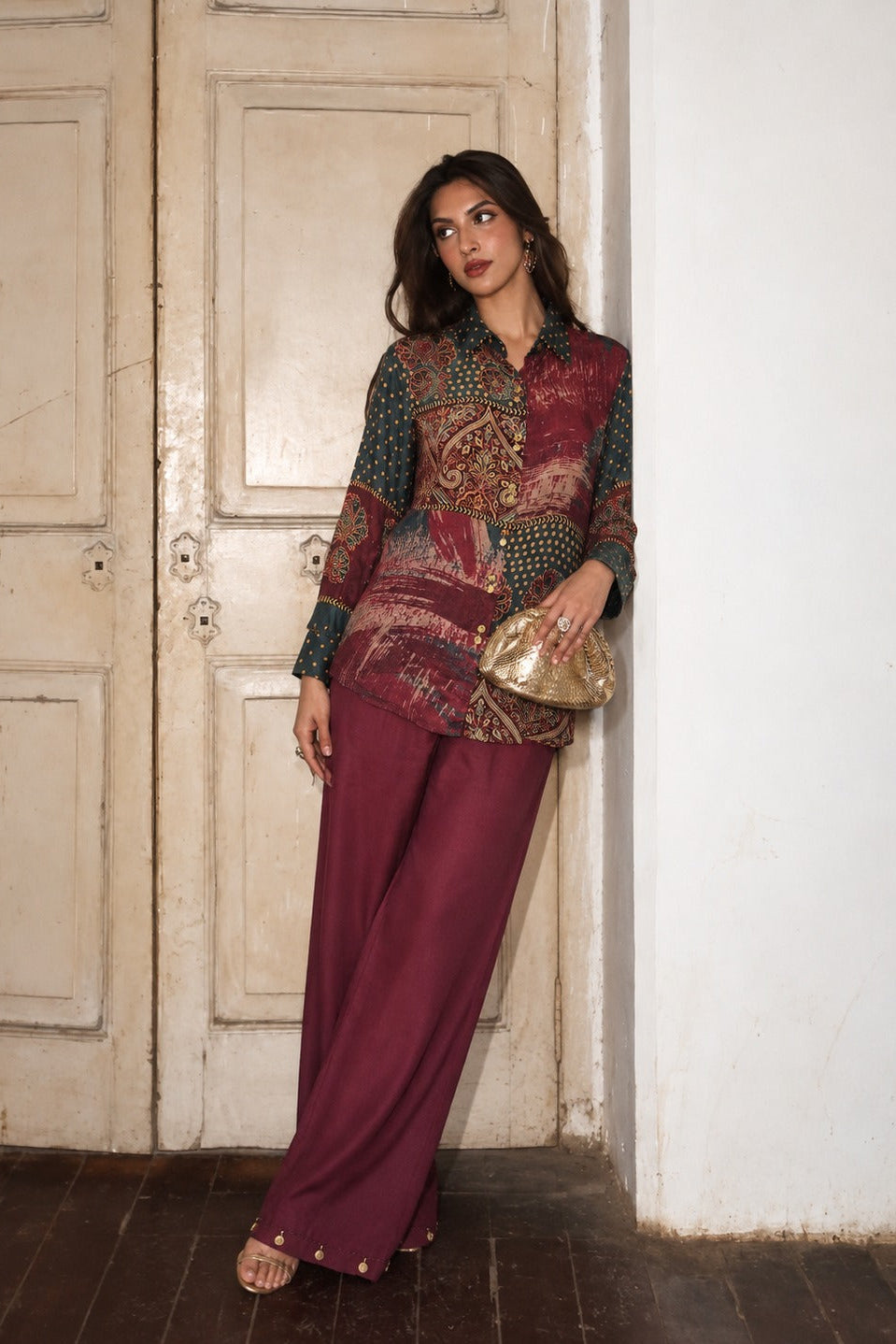 Mulberry Wine Embellished Pure Crepe Silk Co-Ord Set