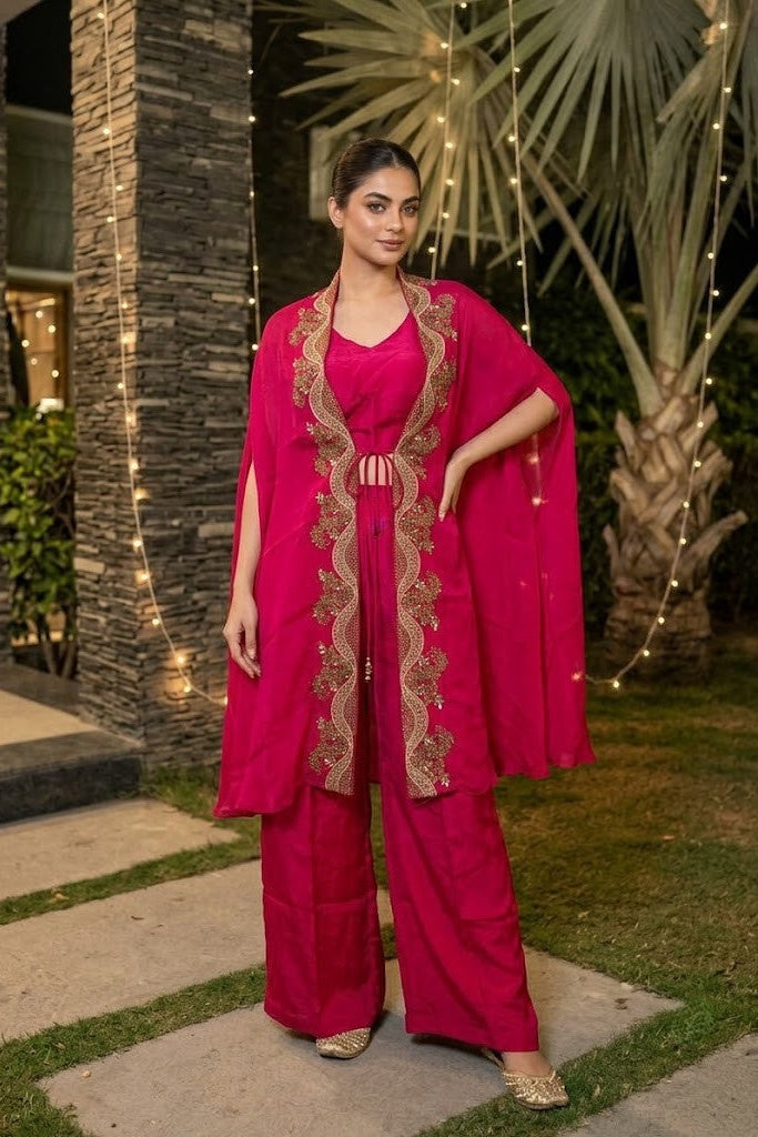 Hot Pink Embellished Crepe Silk Palazzo Set