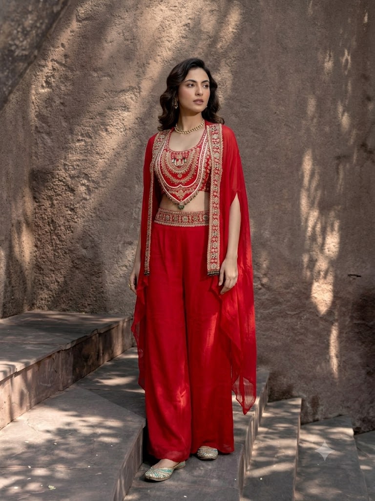 Royal Crimson Embellished Chinon Silk Cape Set