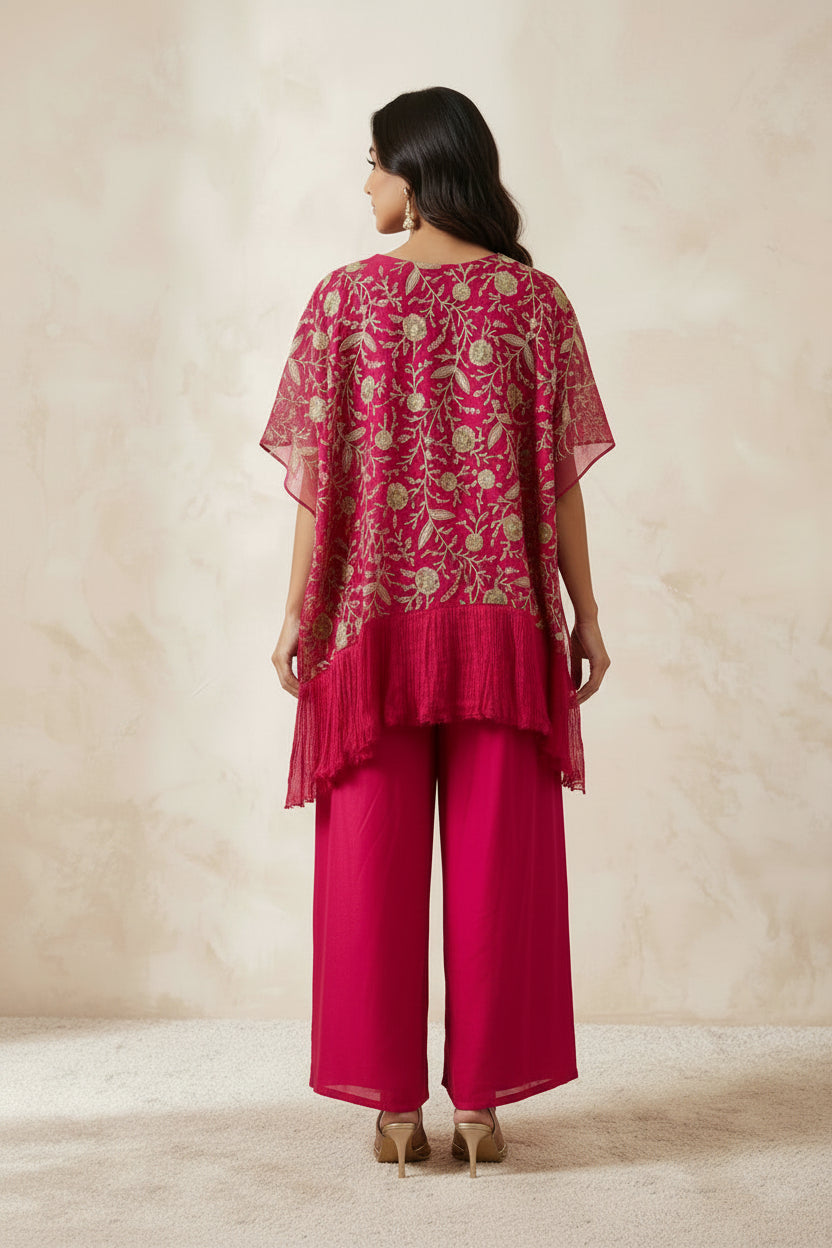 Dark Pink Embellished Chinon Silk Kaftan Set