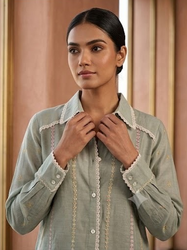 Seafoam Green Embroidered Chanderi Silk Co-Ord Set