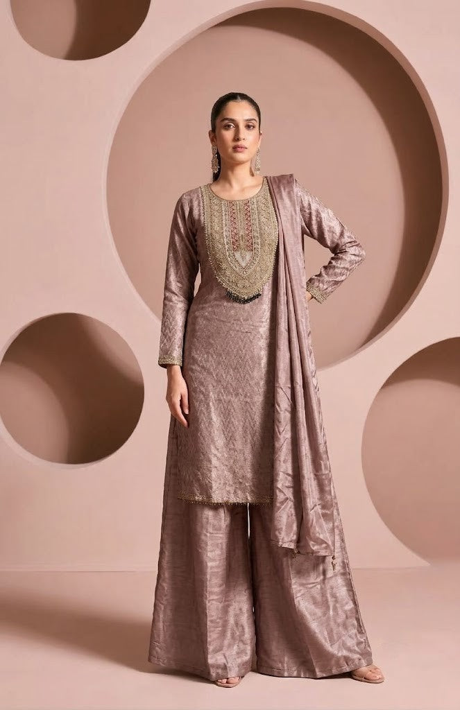Dusty Pink Embellished Brocade Silk Pant Set