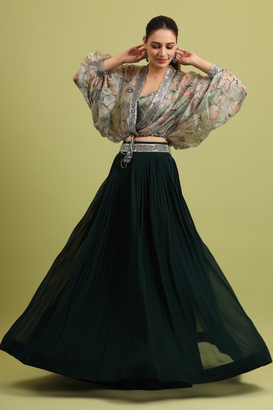 Soft Green Embellished Cape &amp; Blouse with Teal Pleated Skirt