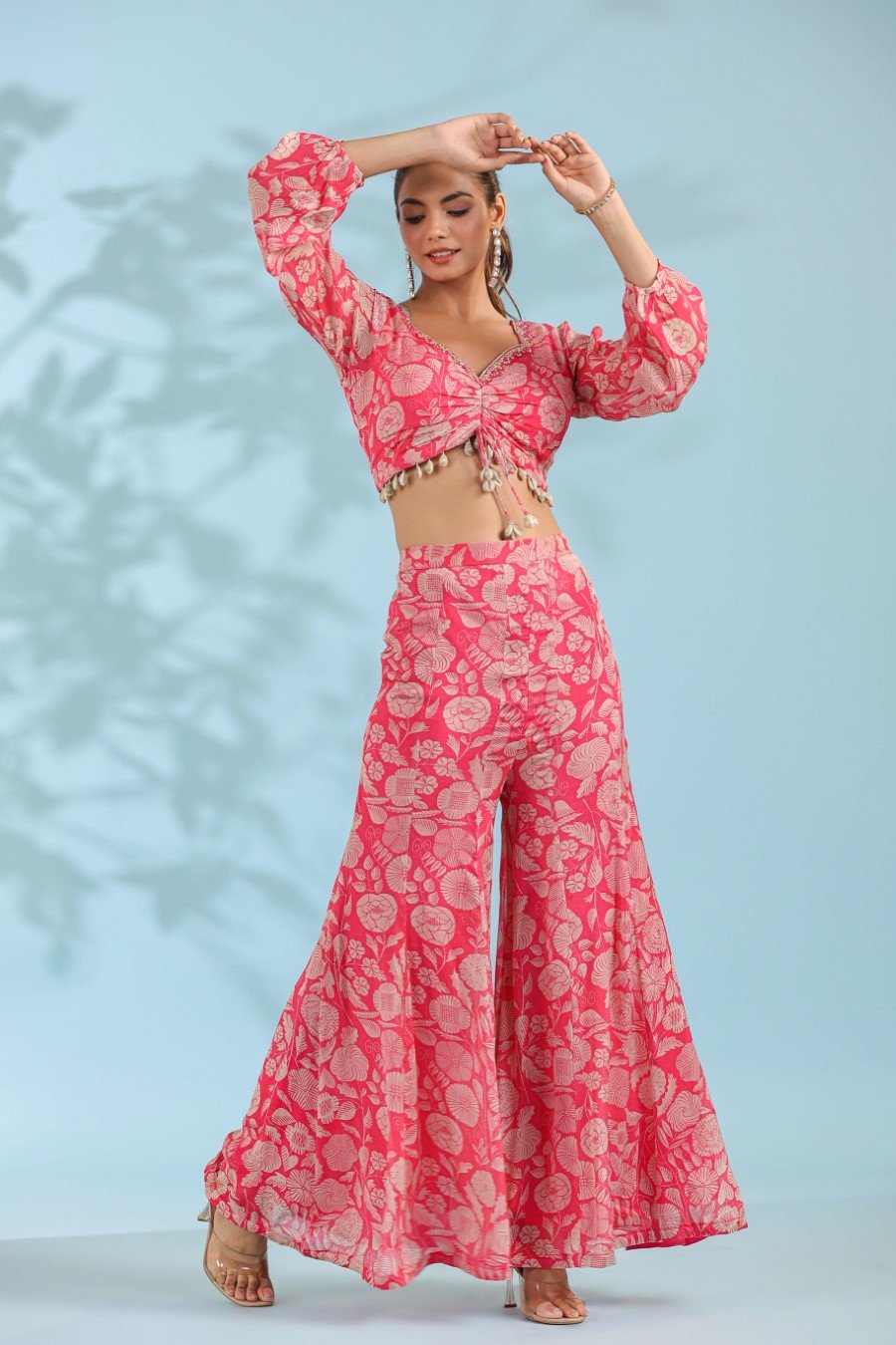 Pink Embellished & Printed Crop Top with Sharara