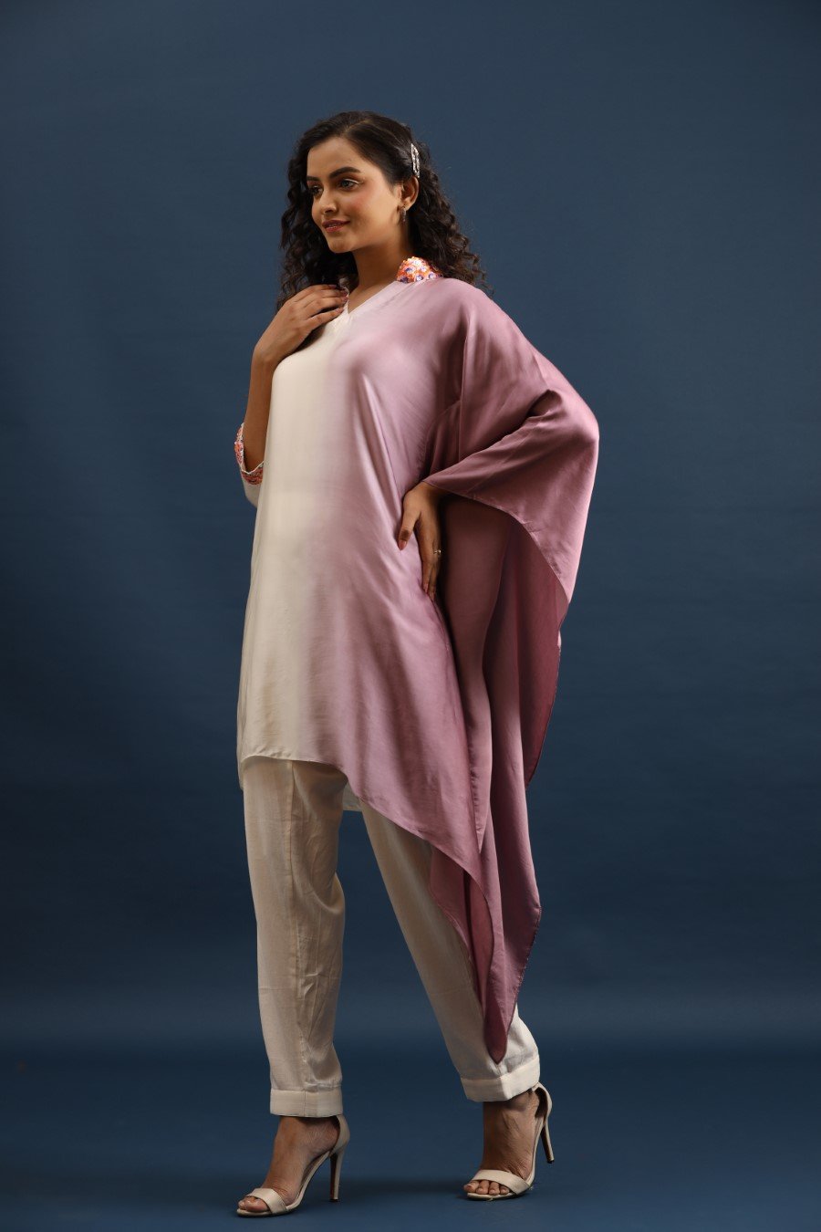 Mulberry Pink Ombre Satin Silk Kaftan with Pants
